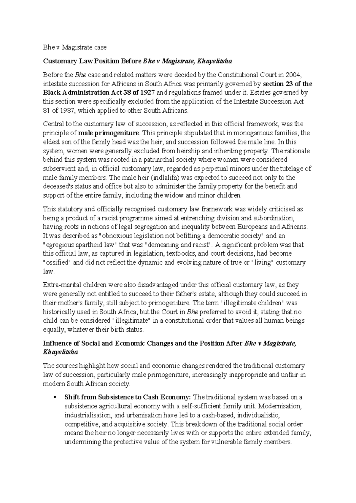 Bhe v Magistrate Case: Customary Law and Its Evolution Post-2004 - Studocu