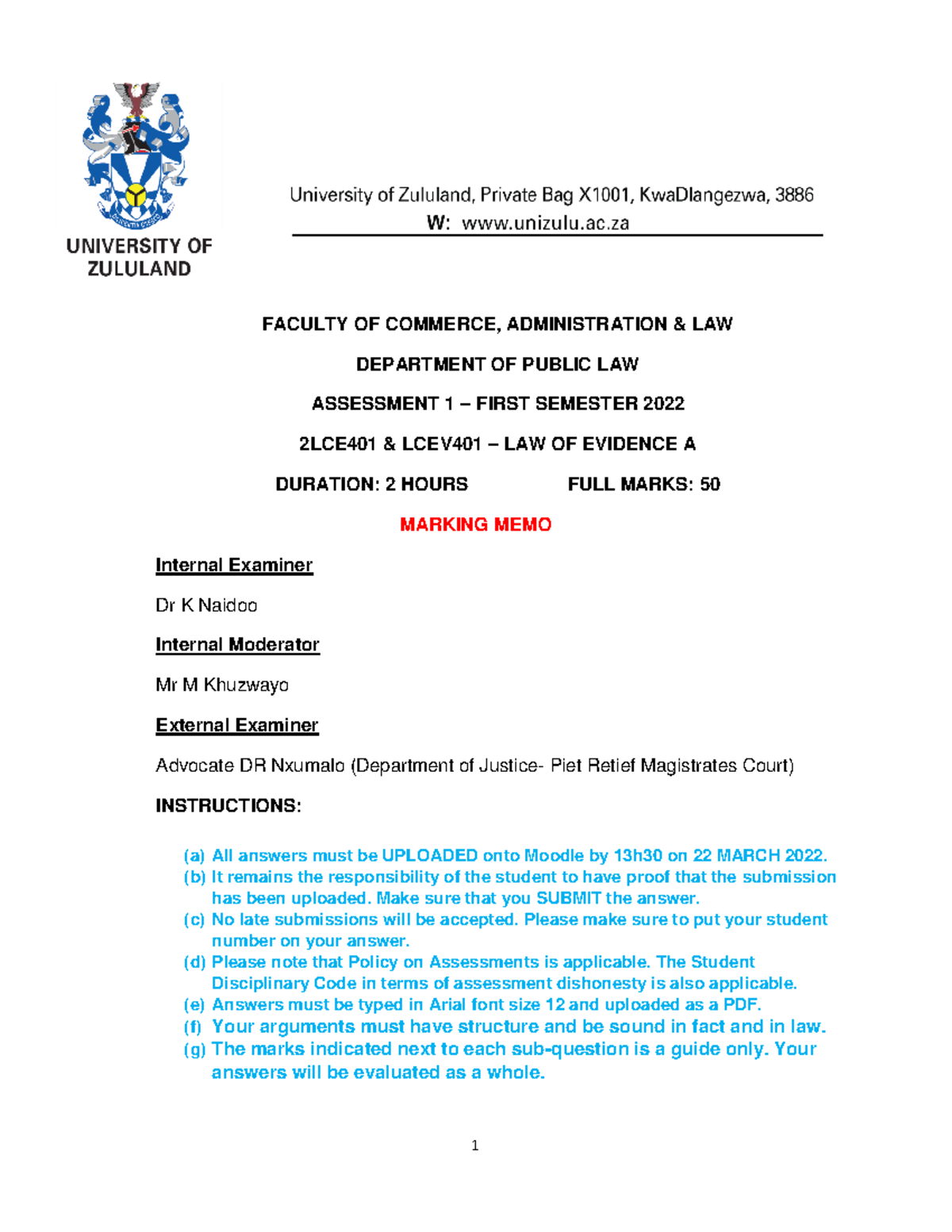 Law of Evidence A 2022 Assessment 1 - Marking Memo - FACULTY OF ...