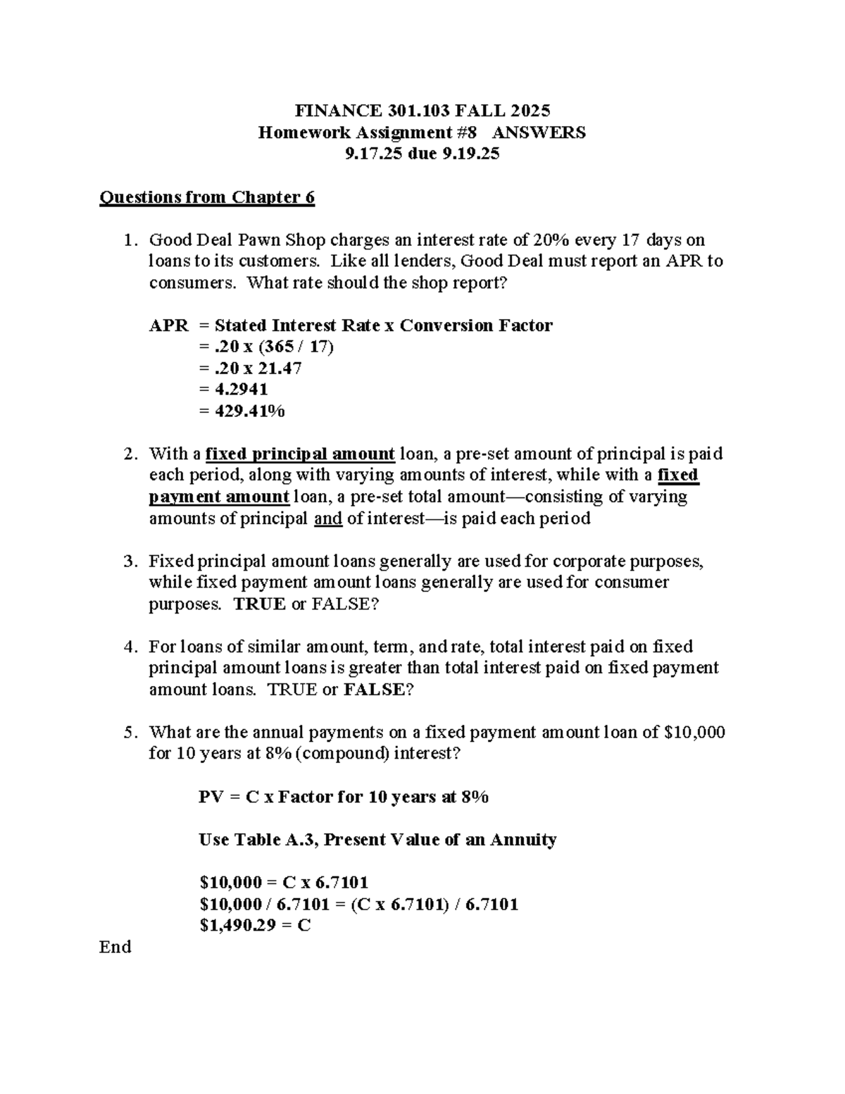 FINANCE 301.103 FALL 2025 - Homework Assignment #8 Answers - Studocu