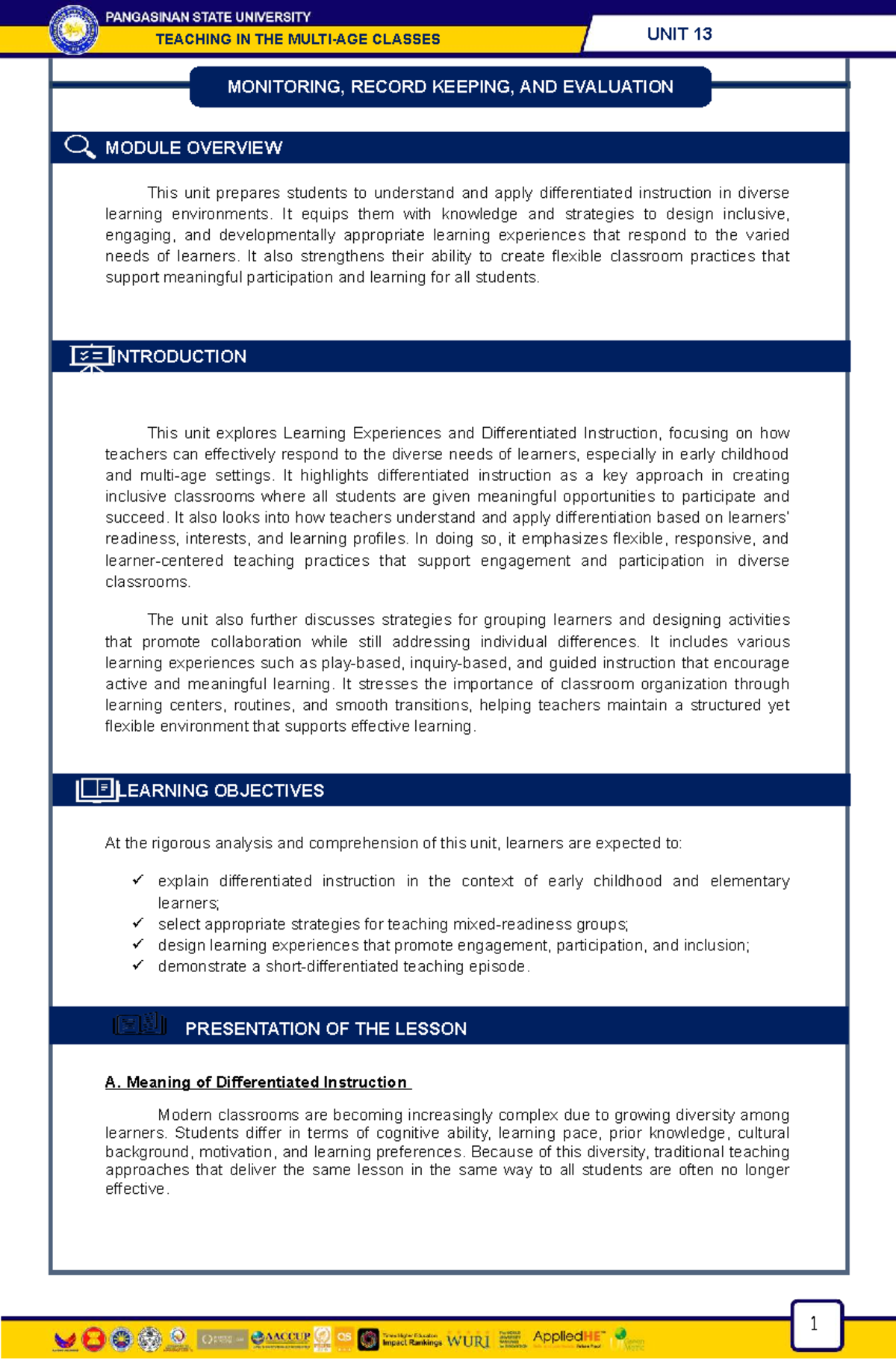 TEACHING IN THE CLASSES UNIT 13: Differentiated Instruction Overview ...