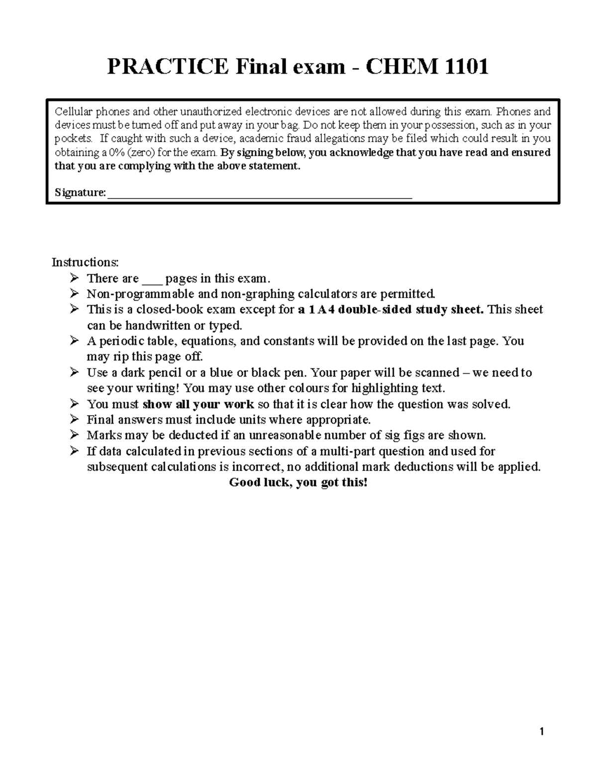 CHEM 1101 PRACTICE Final Exam Questions and Guidelines - PRACTICE Final ...