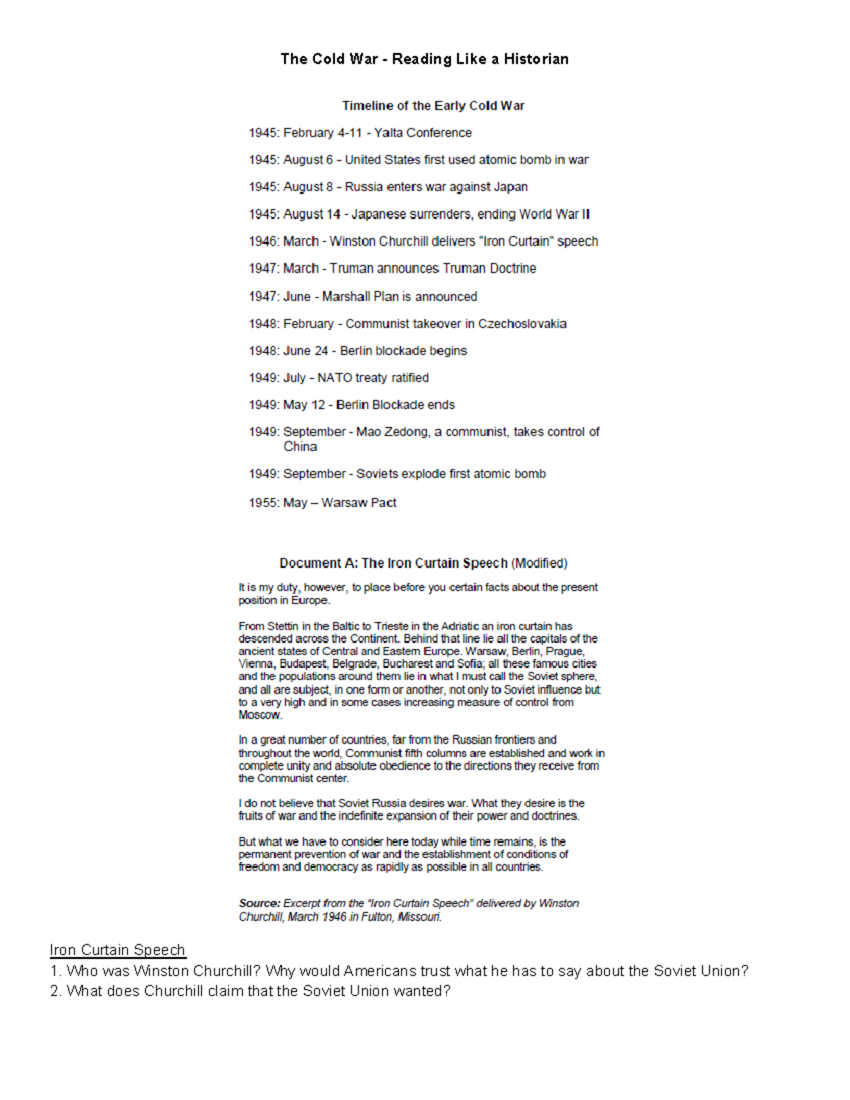The Cold War - Reading Like a Historian: Key Concepts & Questions - Studocu