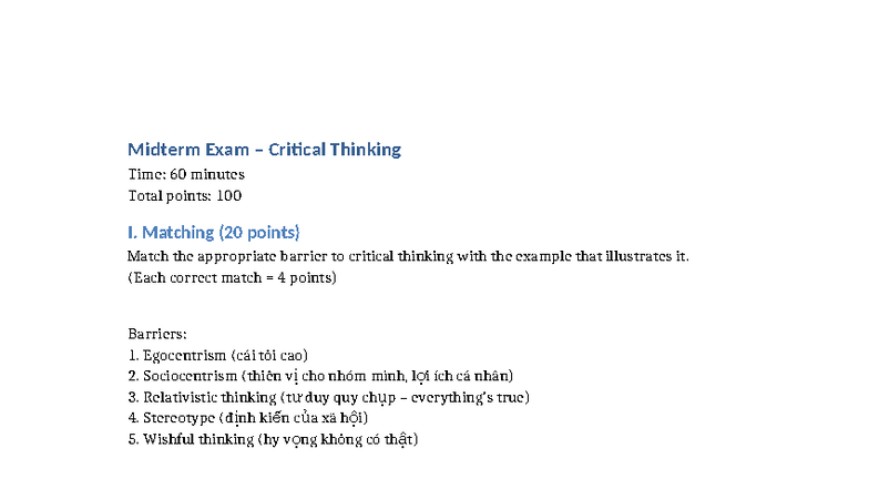 Midterm Exam: Critical Thinking Analysis and Evaluation - Studocu