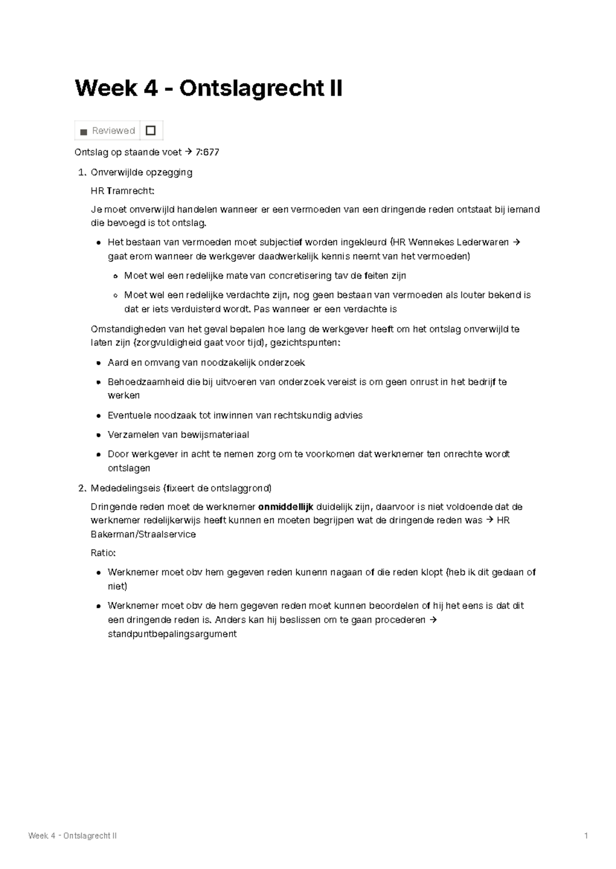 Week 4 Ontslagrecht II: Analyse van Ontslag op Staande Voet - Studeersnel