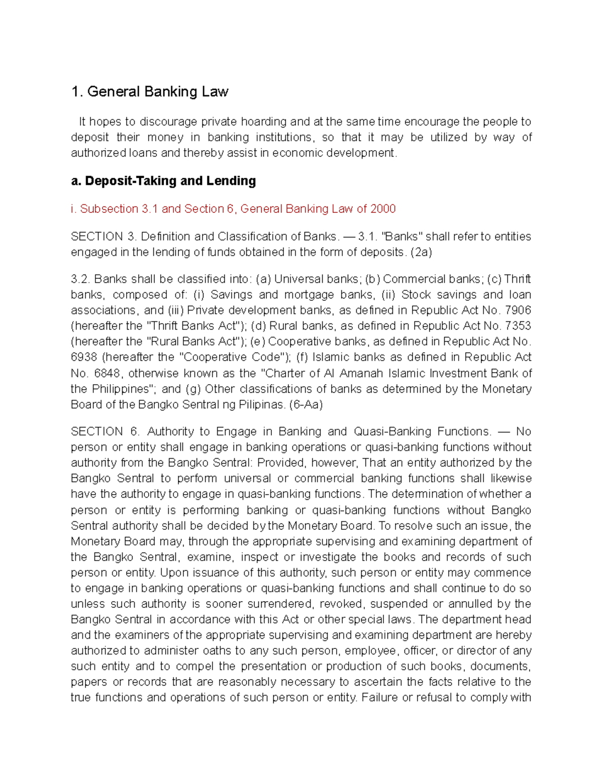 General Banking Law Overview and Key Provisions (RFBT) - Studocu