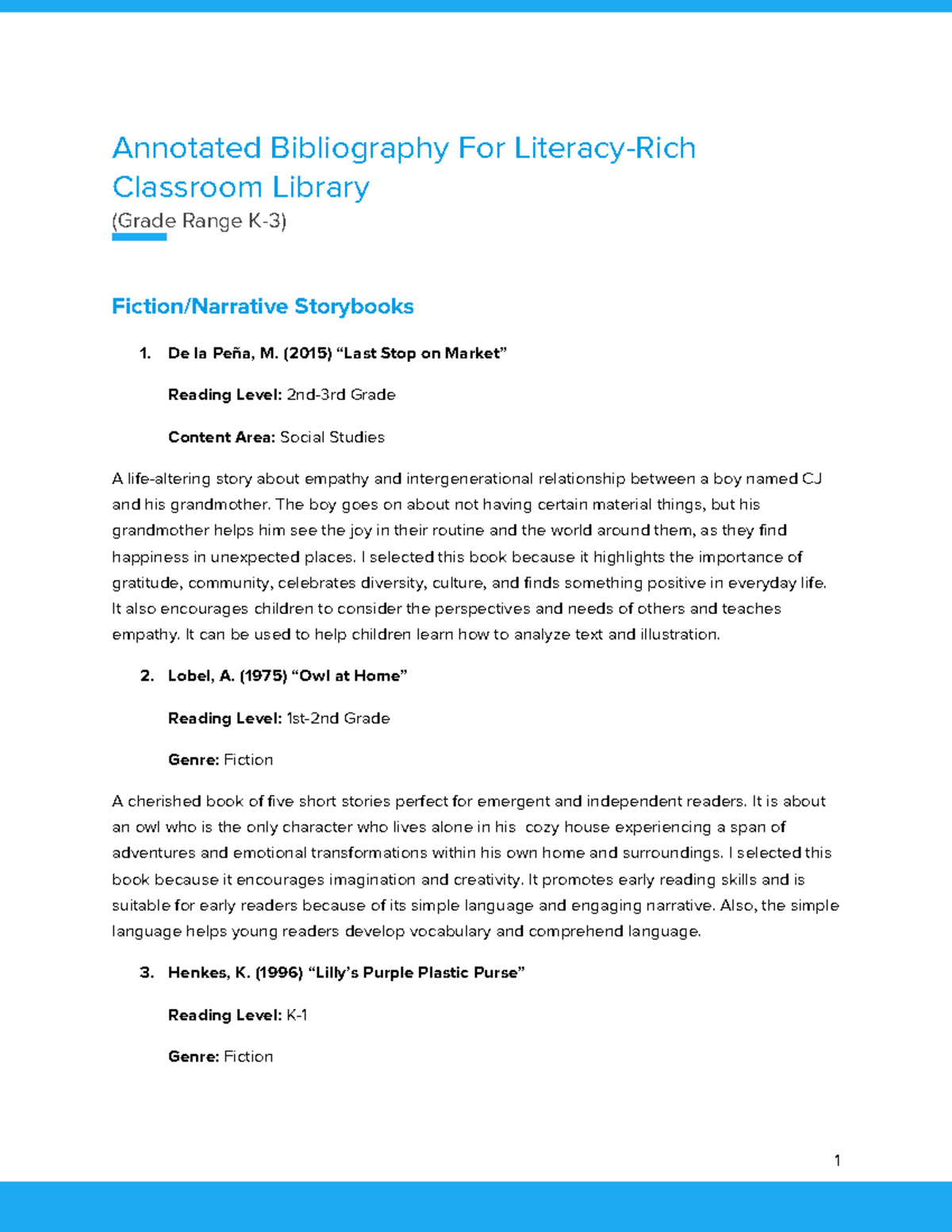 Annotated Bibliography for Literacy-Rich Classroom Library (Grade Range ...
