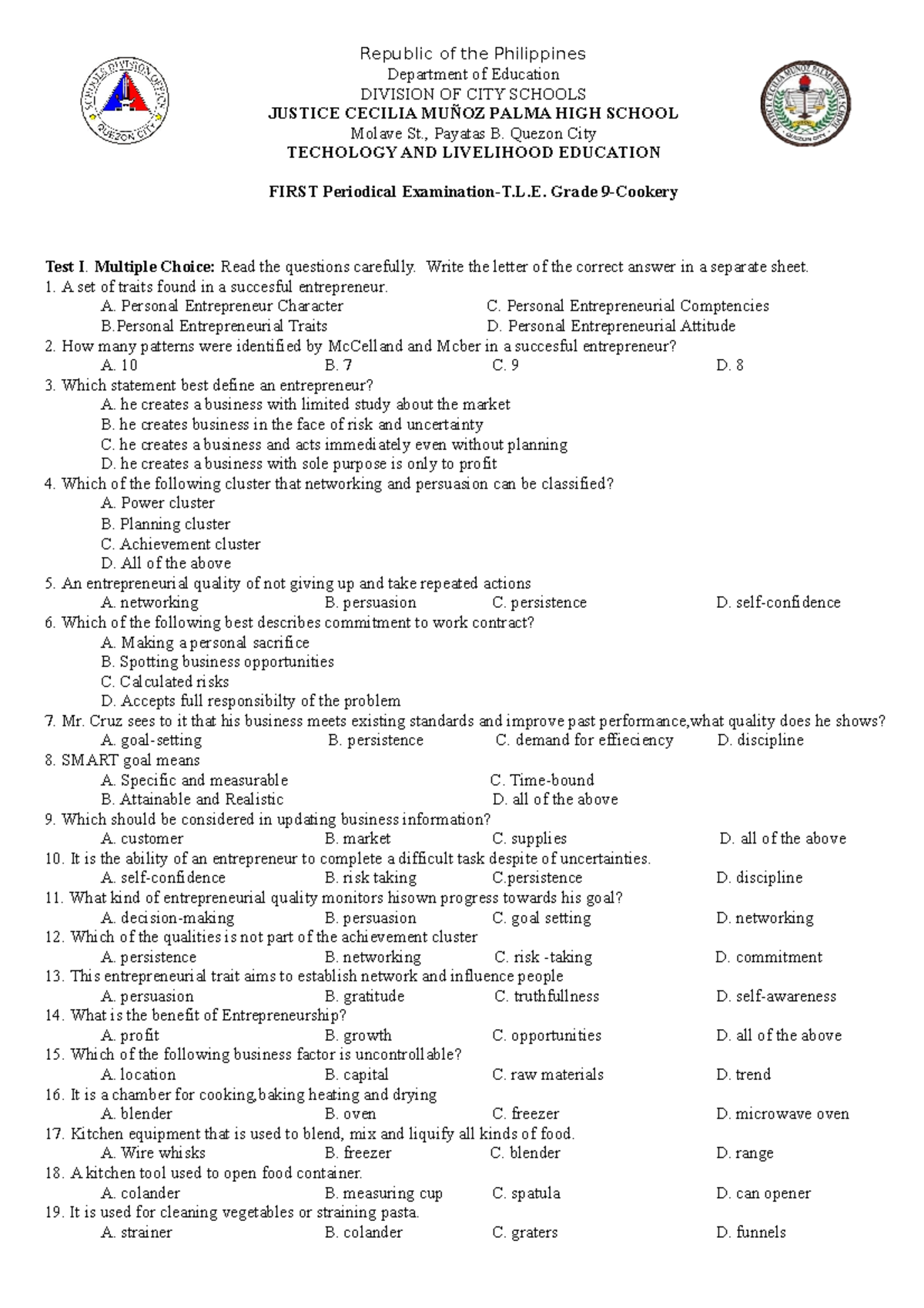 Grade 9 T.L.E. Cookery 1st Periodical Test Review Guide - Studocu