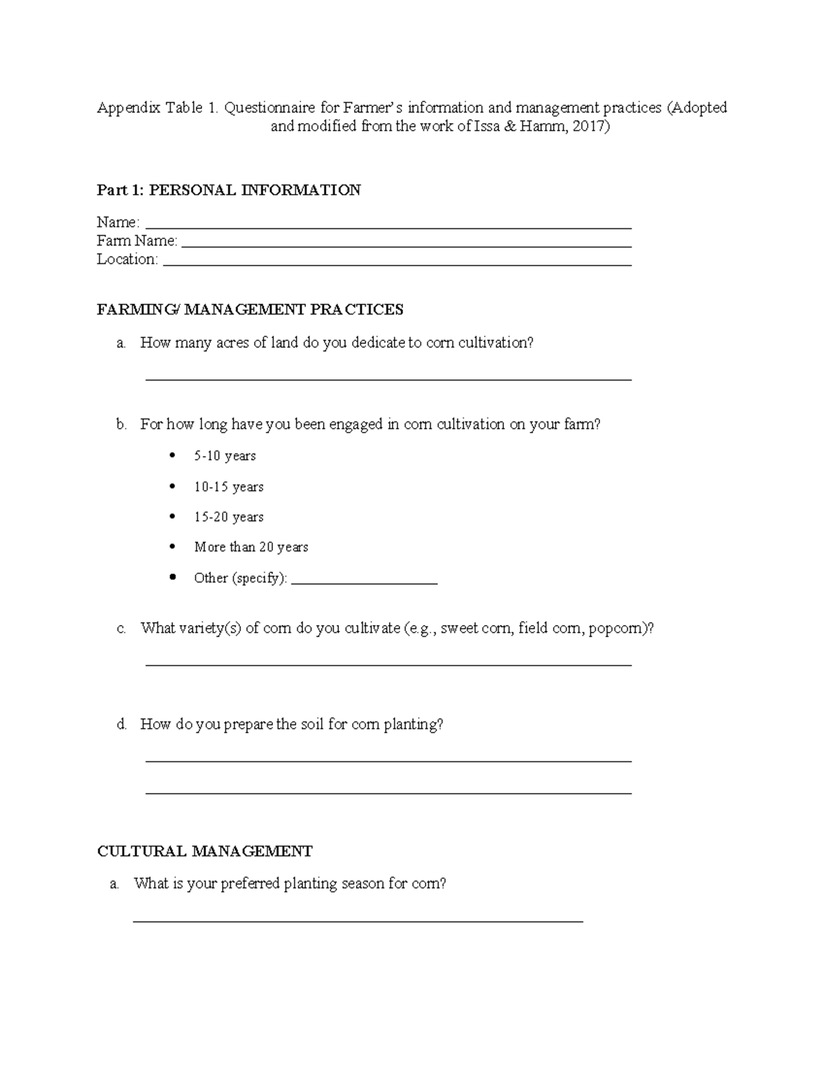 Questionnaire on Nutrient, Pest, and Irrigation Mgmt. for Corn Crops ...