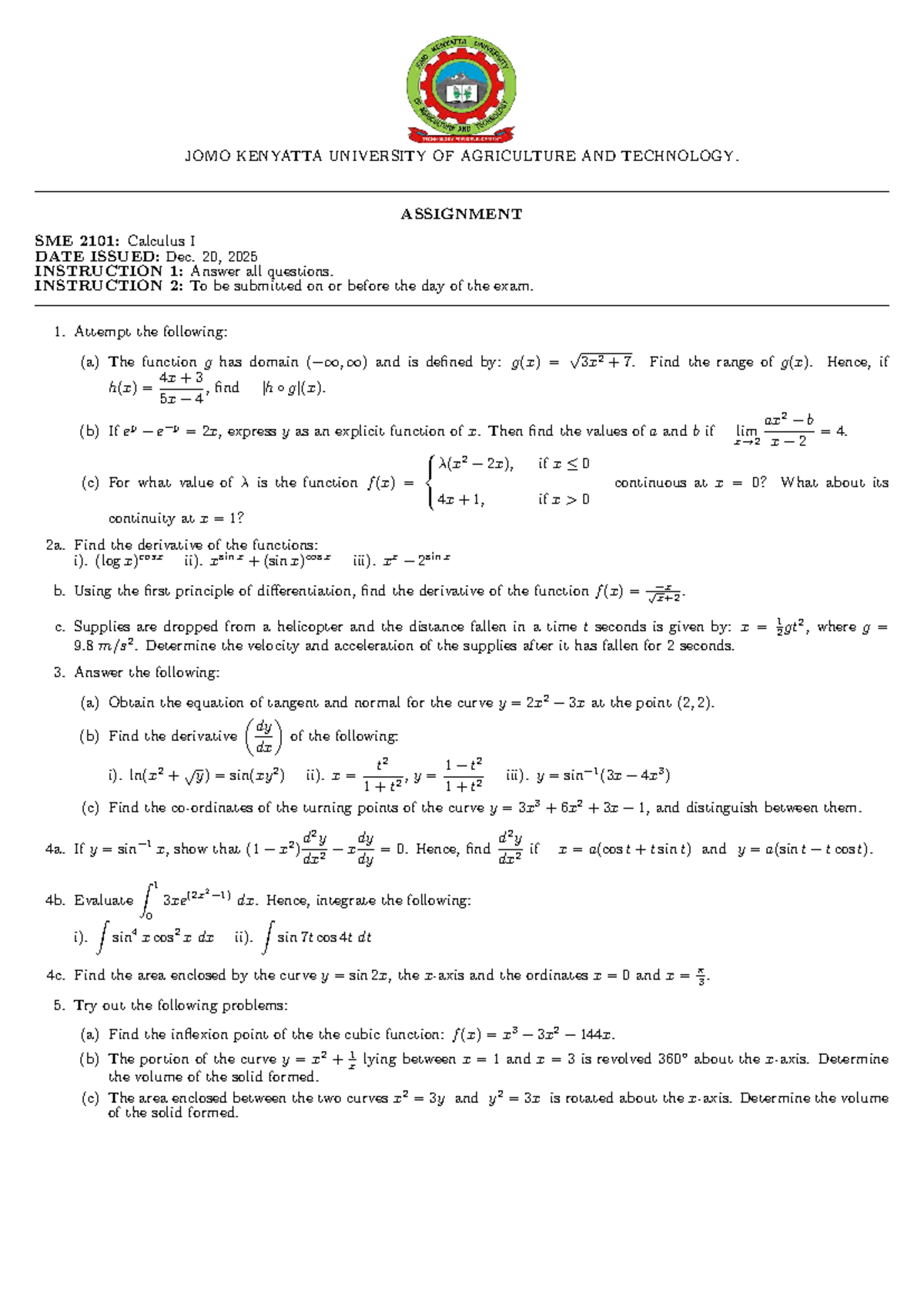 SME 2101: Calculus I Assignment Questions and Solutions - Studocu
