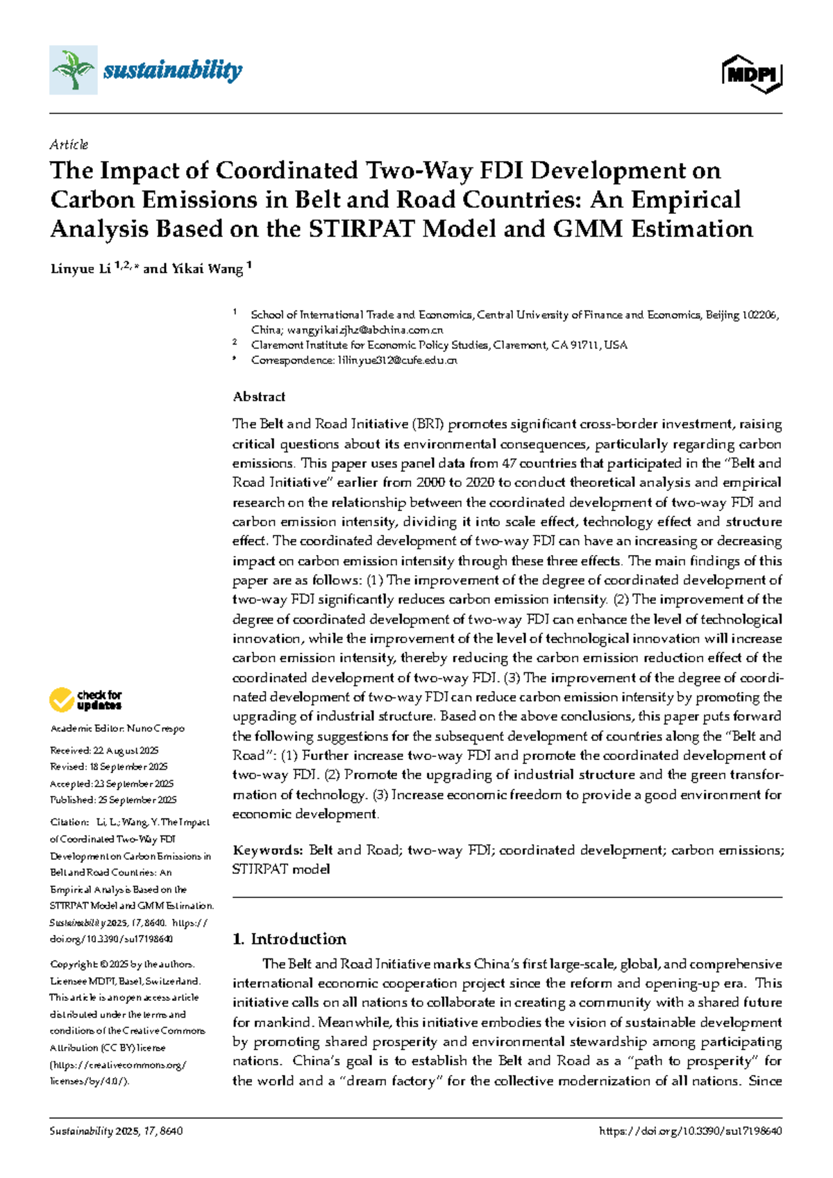 The Impact of Coordinated FDI on Carbon Emissions in BRI Countries: A ...