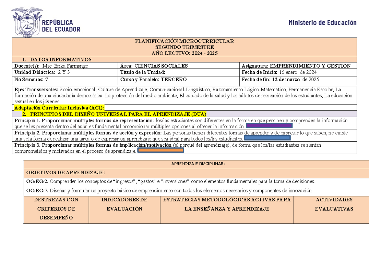PUD2.2 Planificación Microcurricular: Emprendimiento y Gestión 3ROS - Document Preview