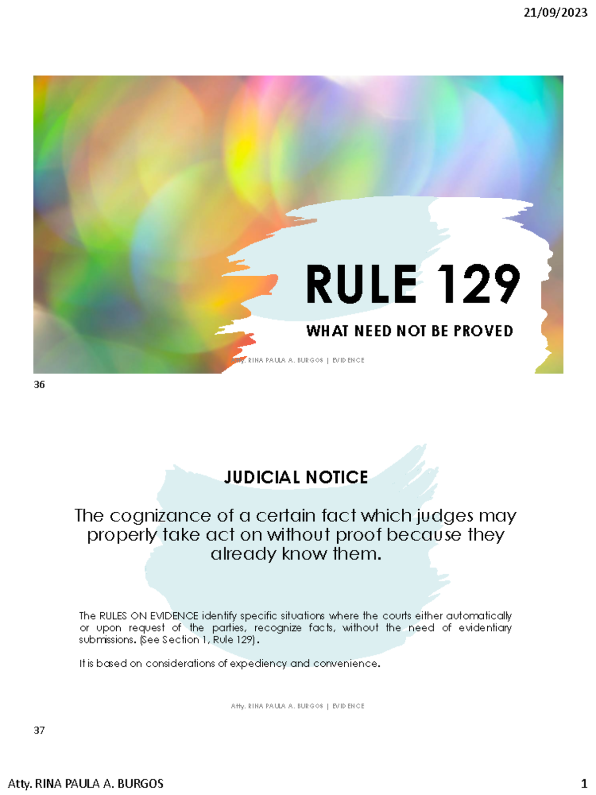 Rule 129 - Exam Notes on Judicial Notice in Evidence - Studocu