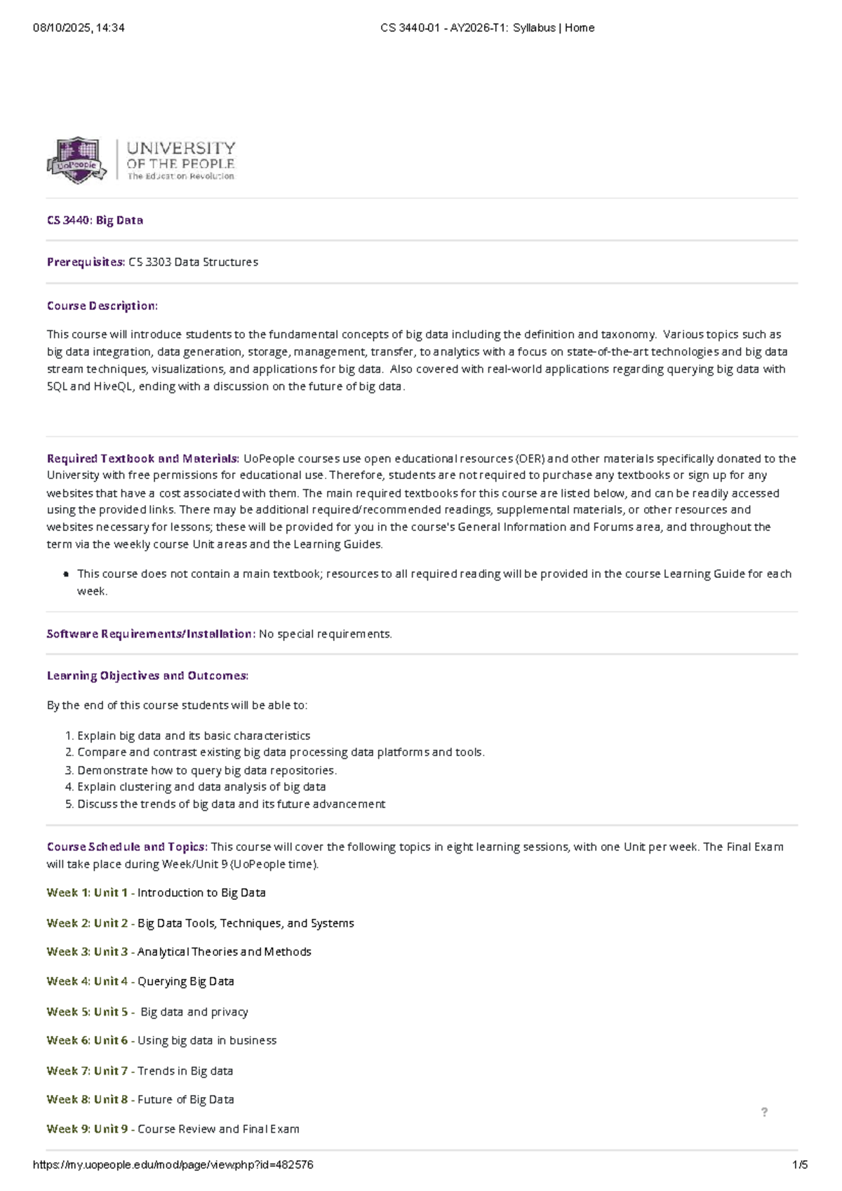 CS 3440: Big Data Course Syllabus and Learning Guide - Studocu