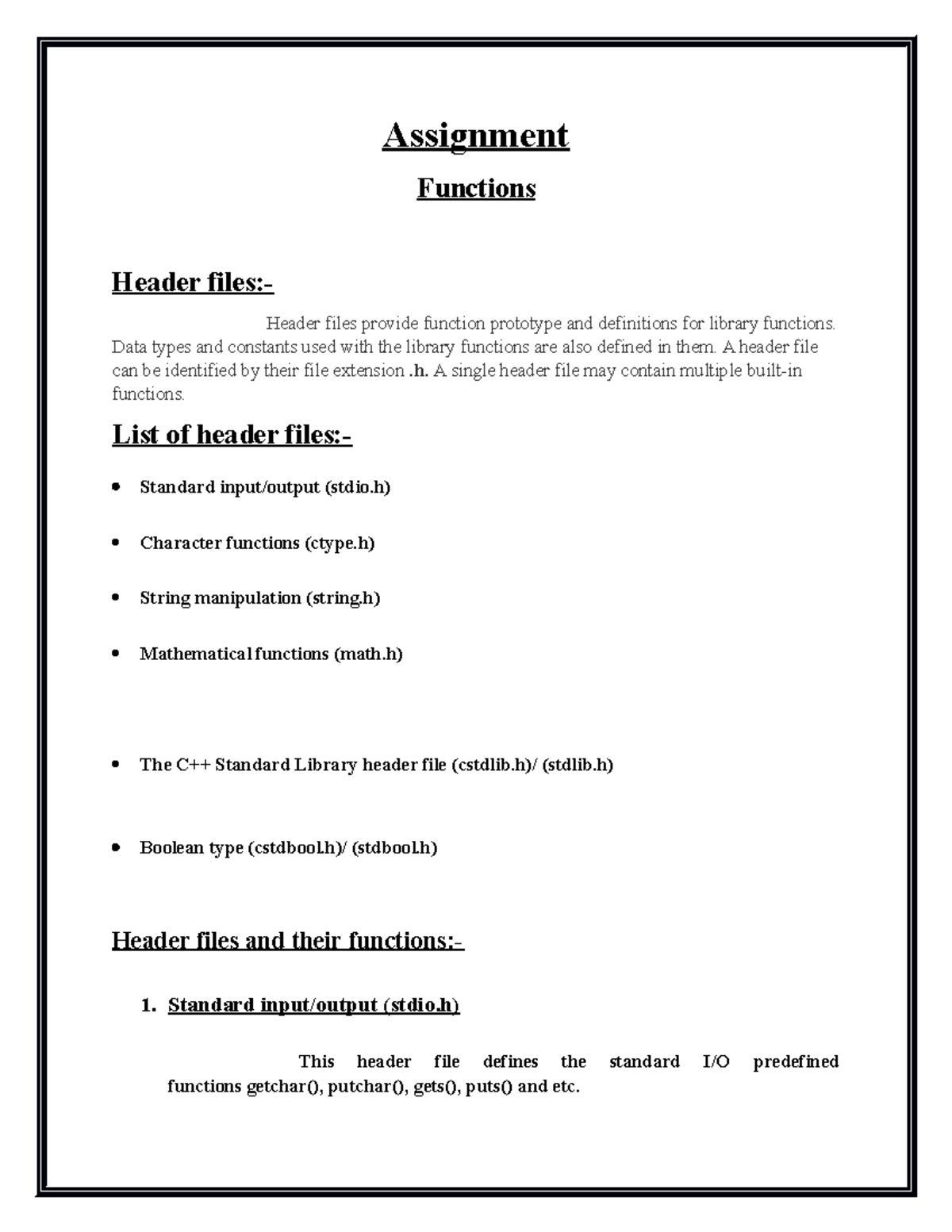 Assignment - Areeba Ejaz - Assignment Functions Header files:- Header ...