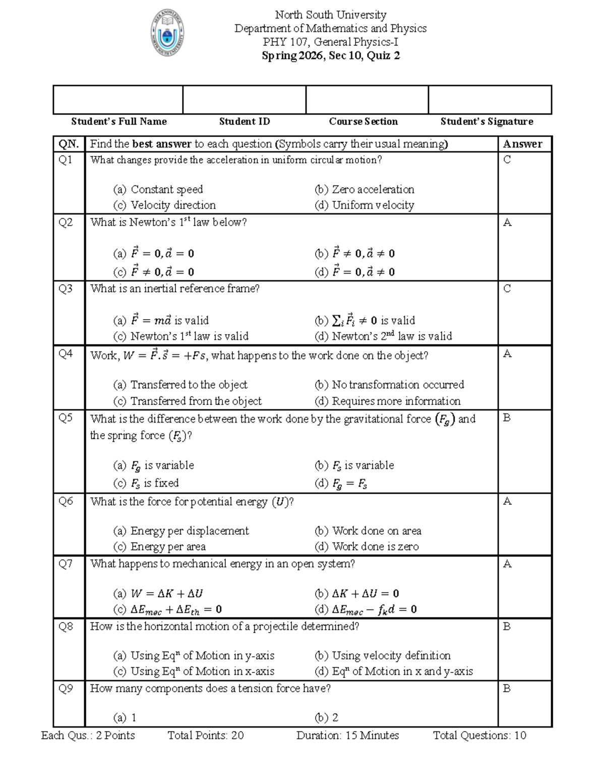 PHY 107 Spring 2026 Sec 10 Quiz 2 Solutions Set 1 - Studocu