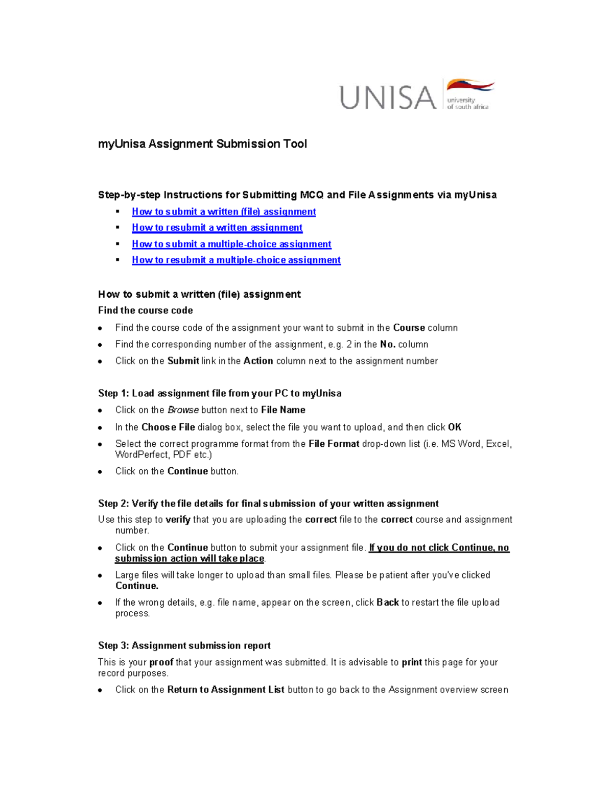 Assignment Submission Guidelines for myUnisa (SUB TOOL) - Studocu