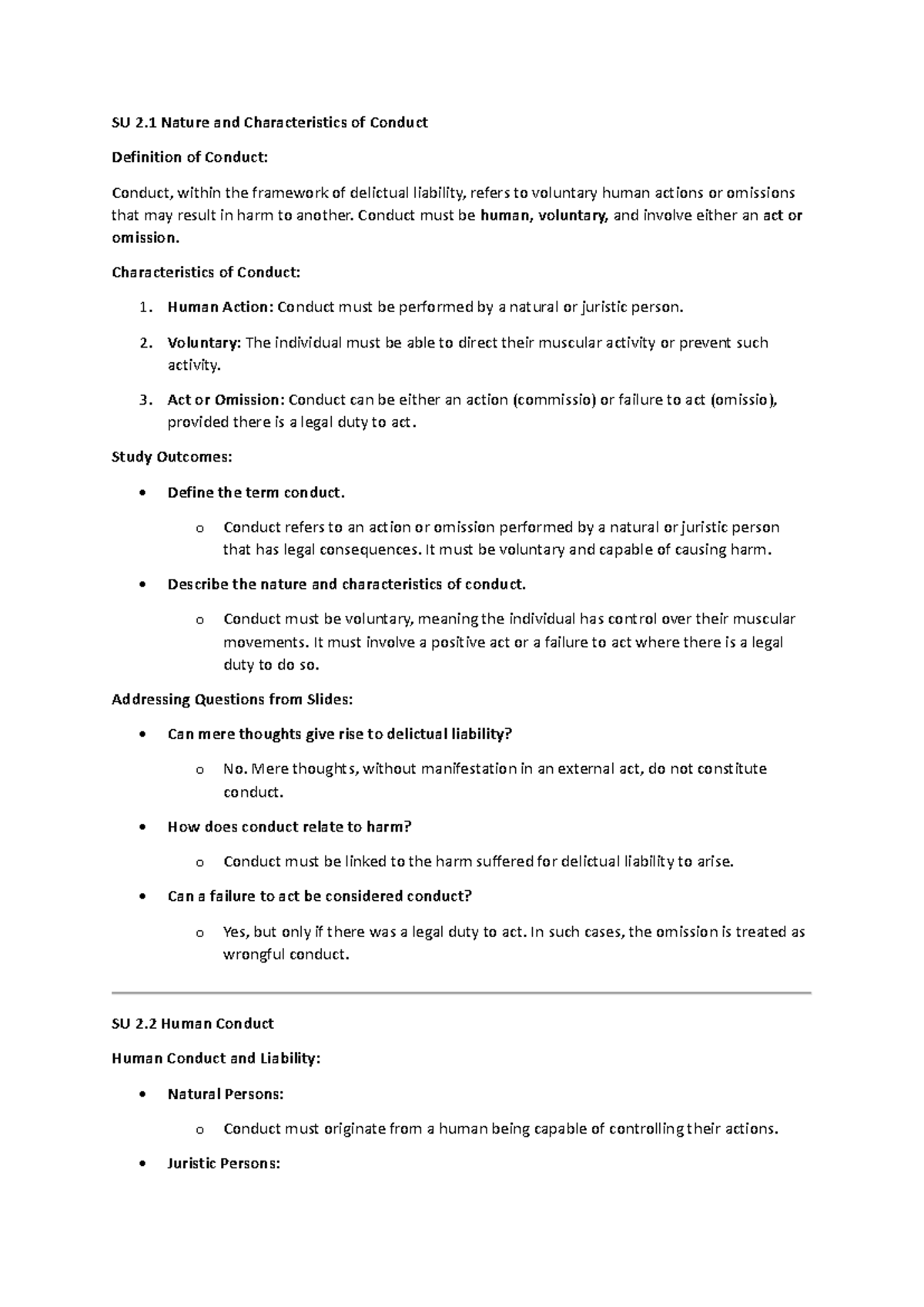 SU 2 - Nature & Characteristics of Human Conduct in Delictual Liability ...