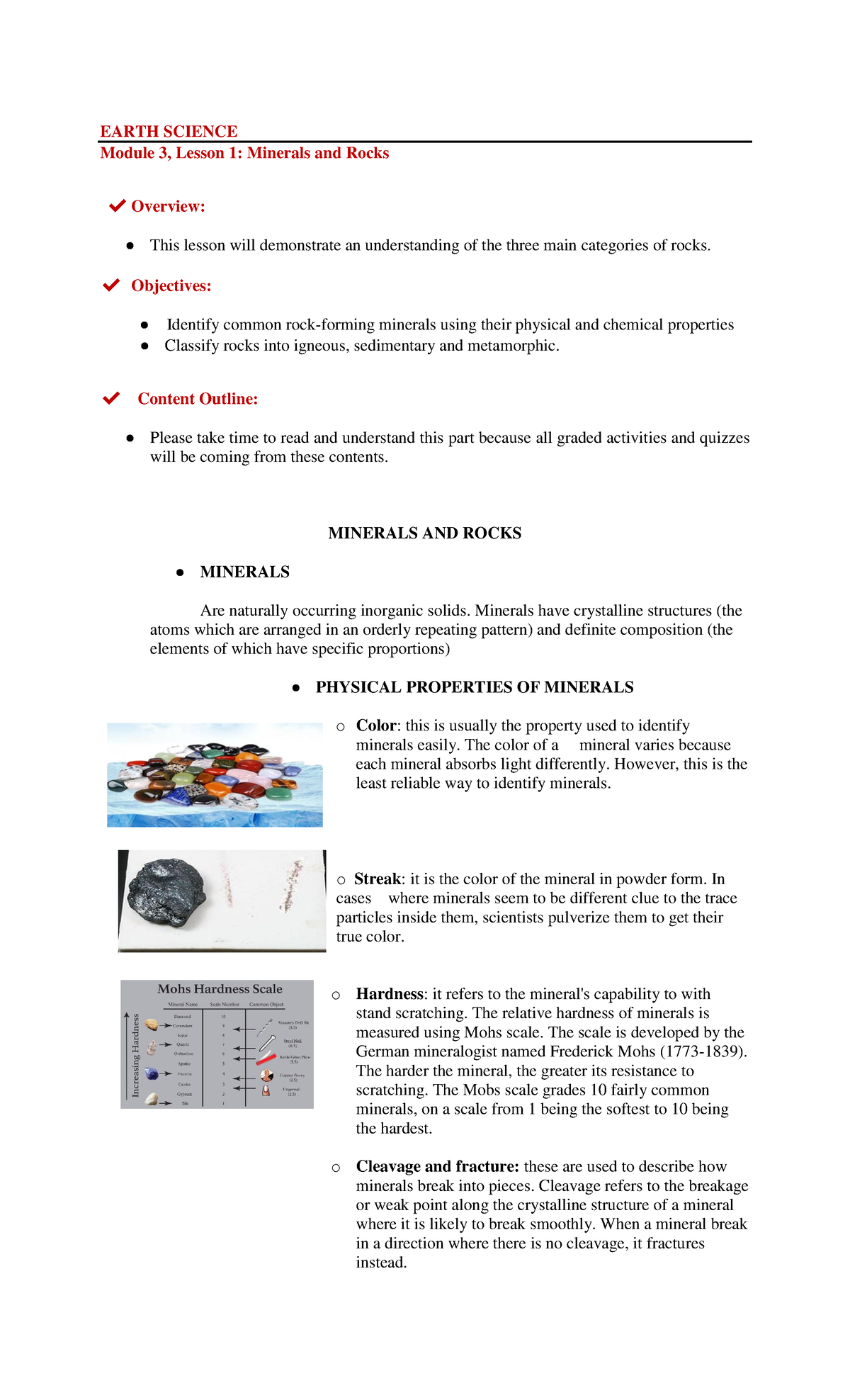 EARTH SCIENCE Module 3: Lesson 1 - Overview of Minerals and Rocks - Studocu