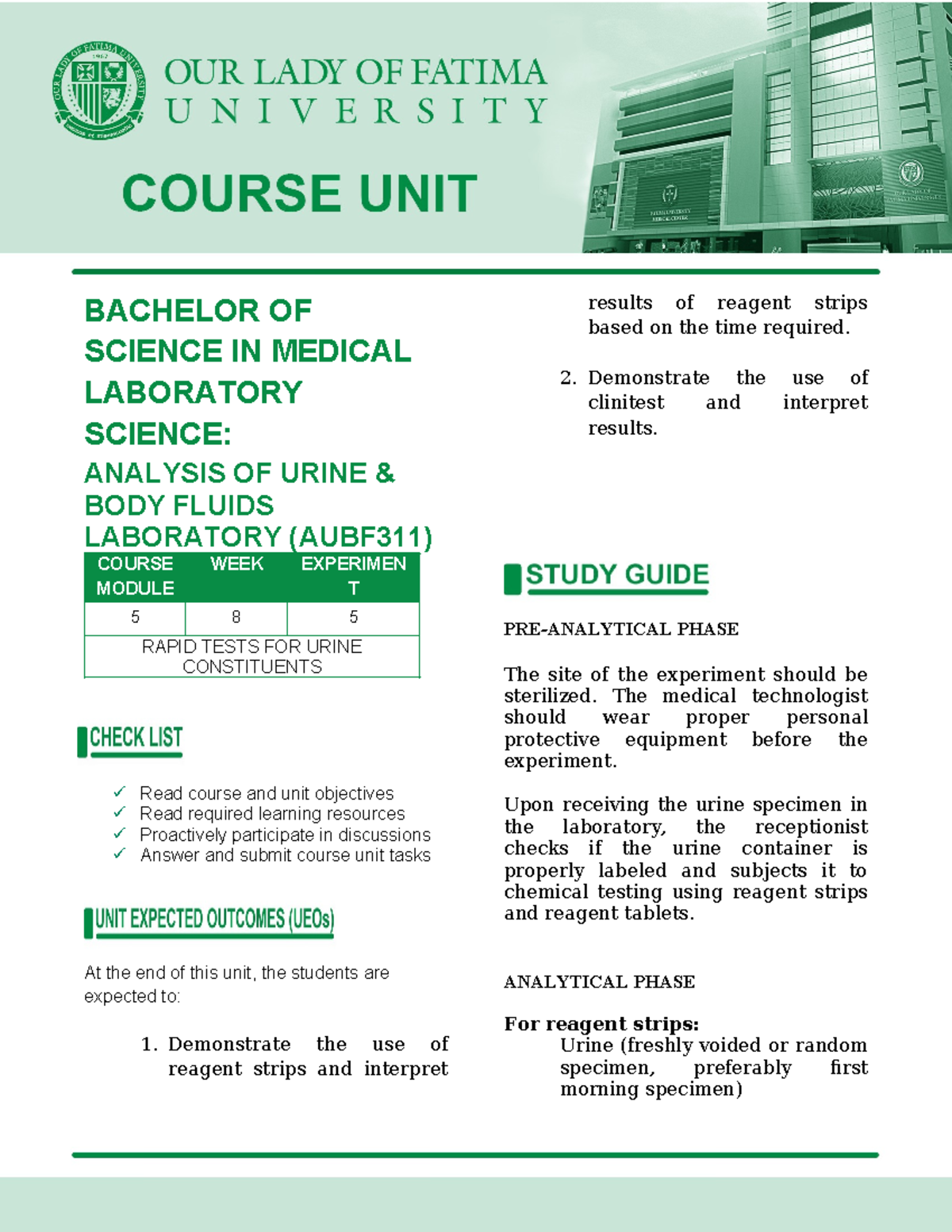 chemical analysis - BACHELOR OF SCIENCE IN MEDICAL LABORATORY SCIENCE ...