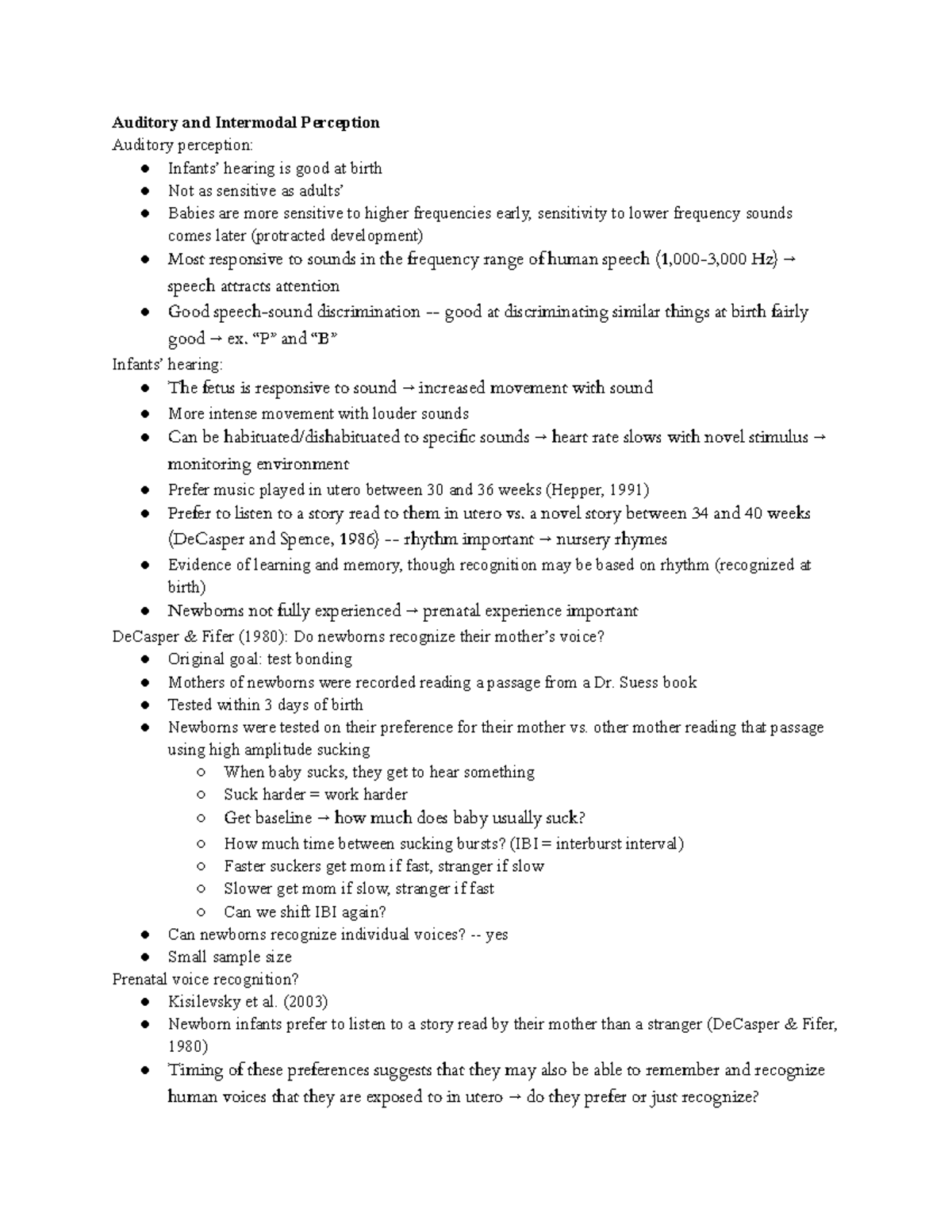 Cognitive Development Exam 2 - Auditory and Intermodal Perception ...
