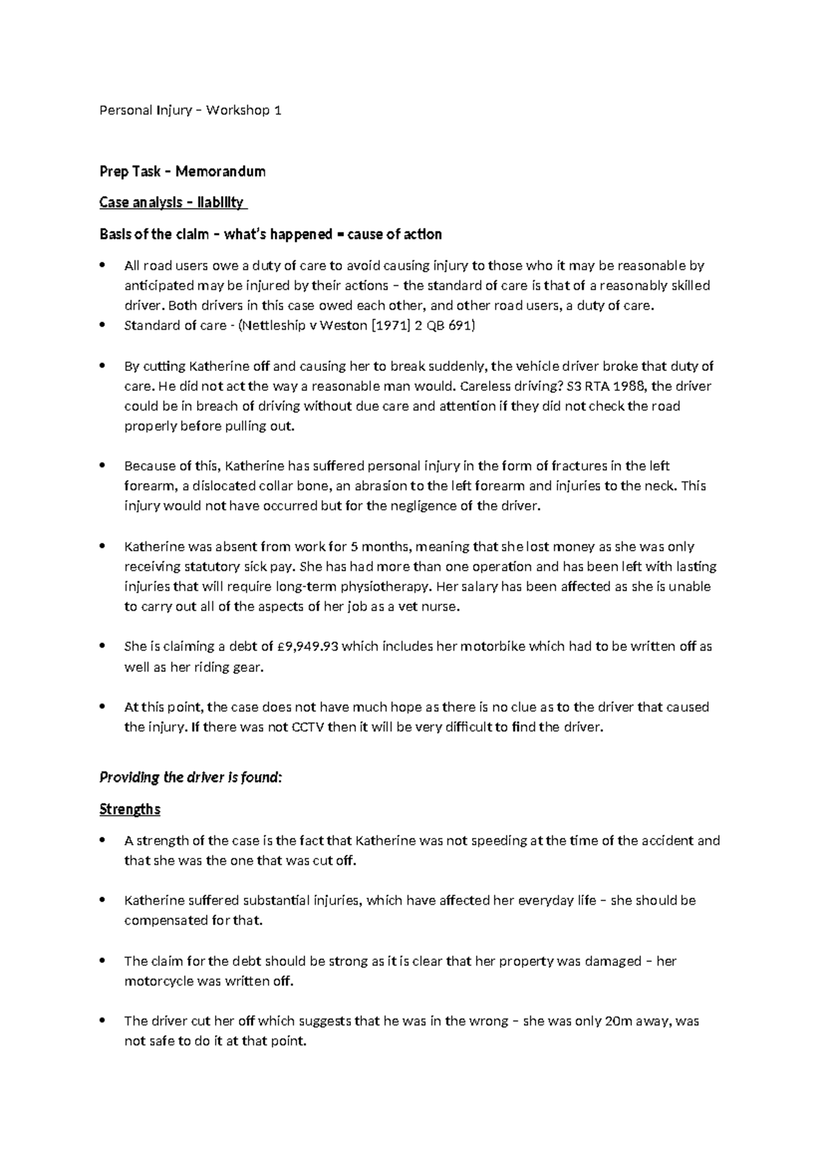Personal Injury Case Study - Workshop 1 Analysis and Liability - Studocu