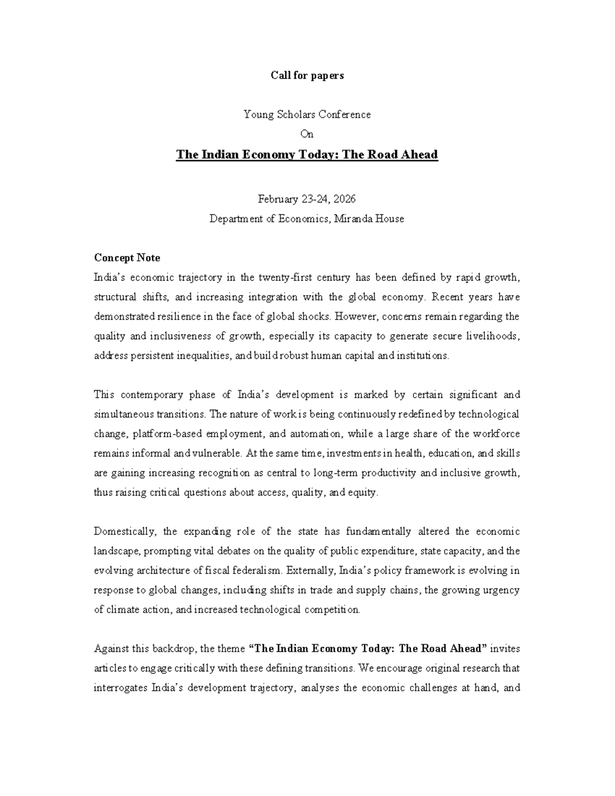 Call for Papers: Young Scholars Conf. on Indian Economy 2026 - Studocu