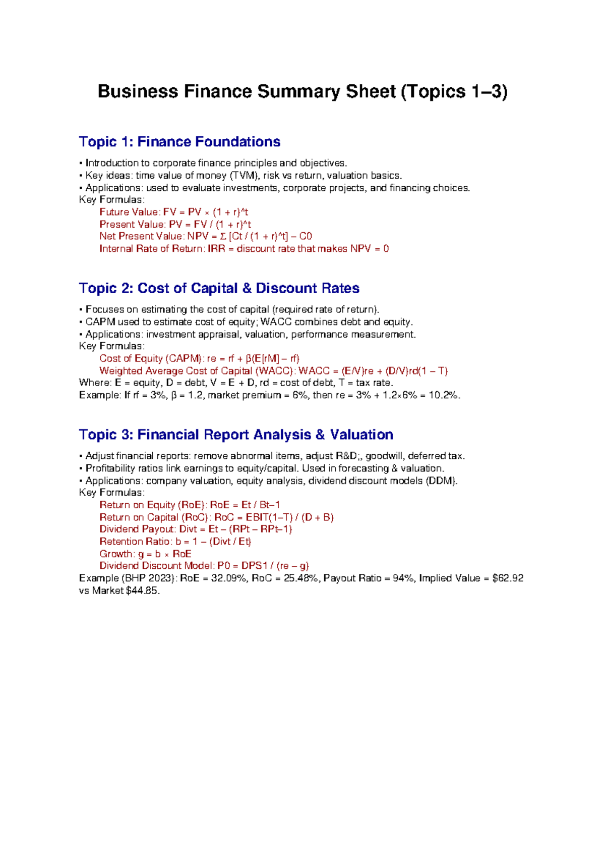 Business Finance Summary Sheet: Key Concepts & Formulas - Studocu