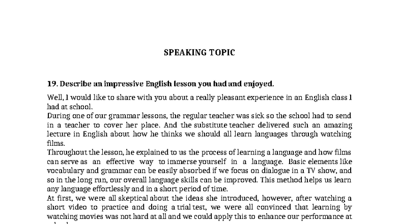 SPEAKING P2: Impressive English Lessons and Personal Experiences - Studocu