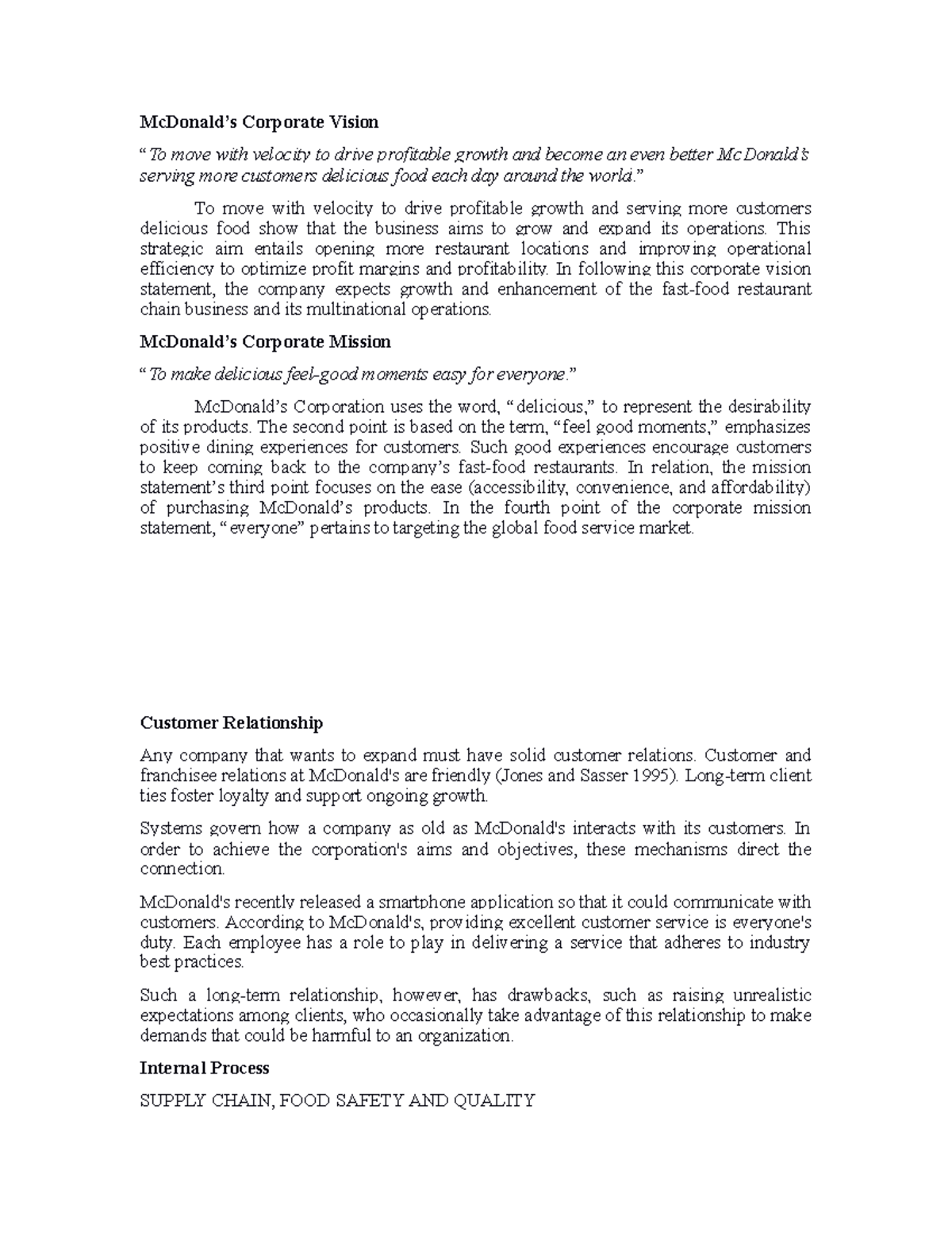 MCDO - MCDO's analysis - McDonald’s Corporate Vision “To move with ...