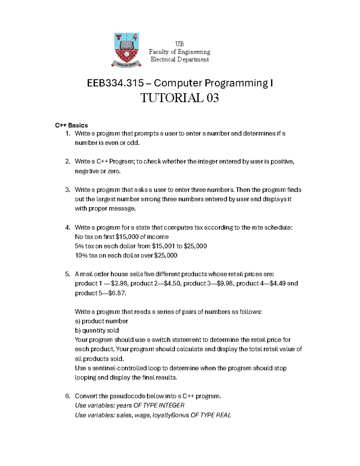 EEB334.315 Computer Programming I Tutorial 03: Basic Programming Tasks ...