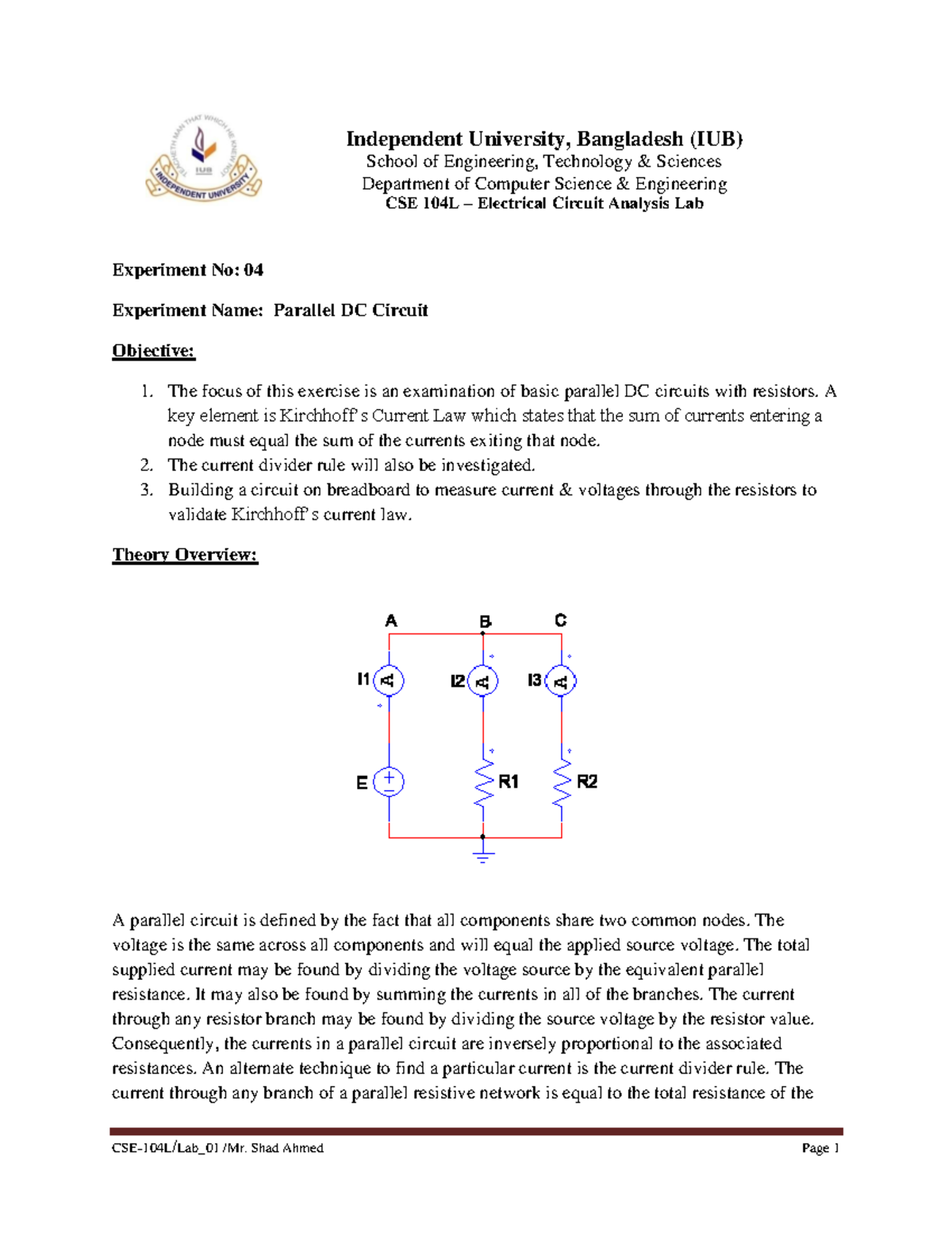 CSE-104L Final Lab Report: Parallel DC Circuit Analysis - Studocu