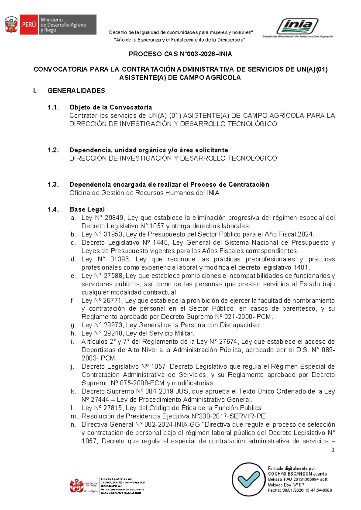Convocatoria CAS 2026: Asistente(a) de Campo Agrícola - INIA - Studocu