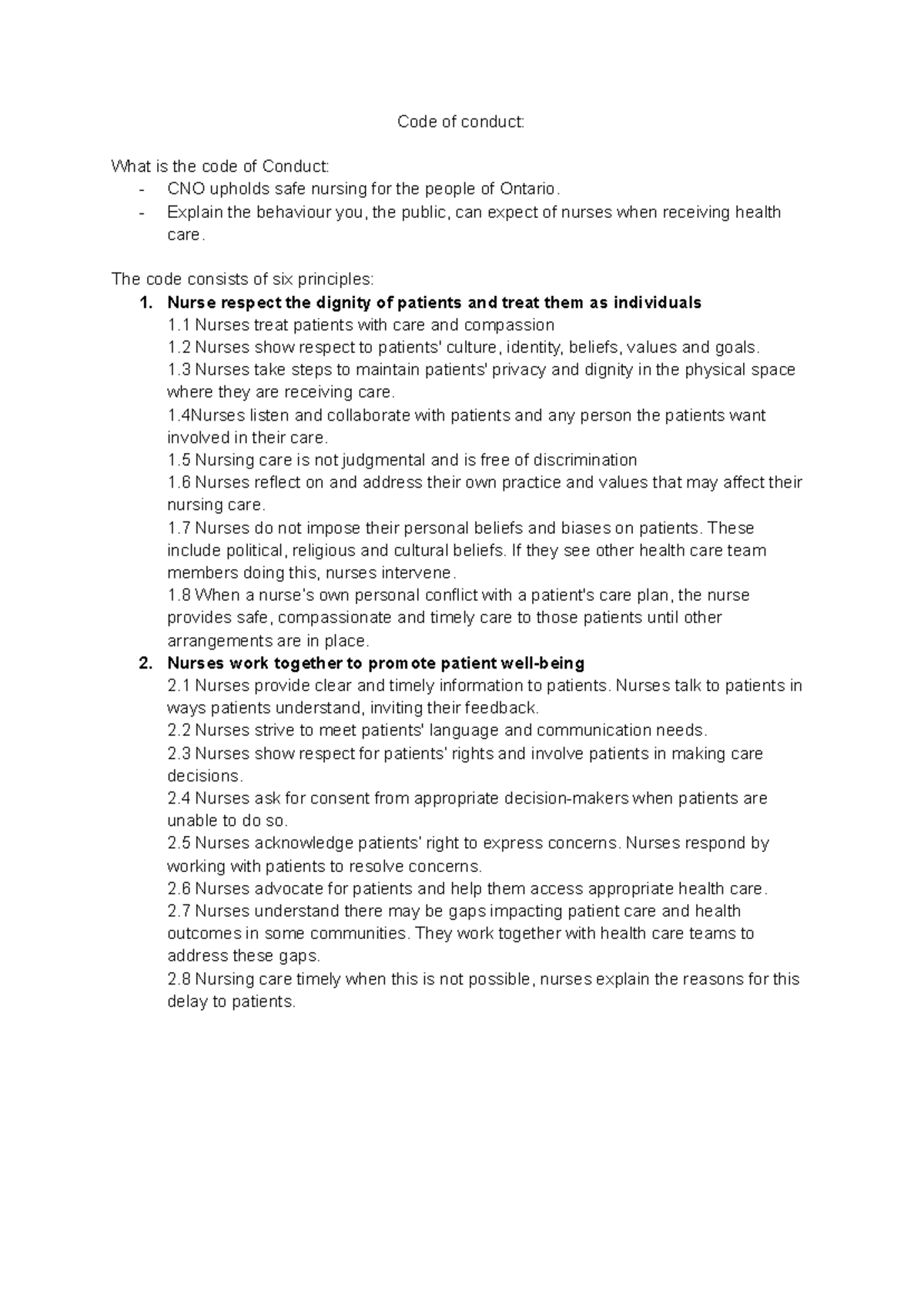 CNO Nursing Code of Conduct: Principles for Safe Patient Care - Studocu