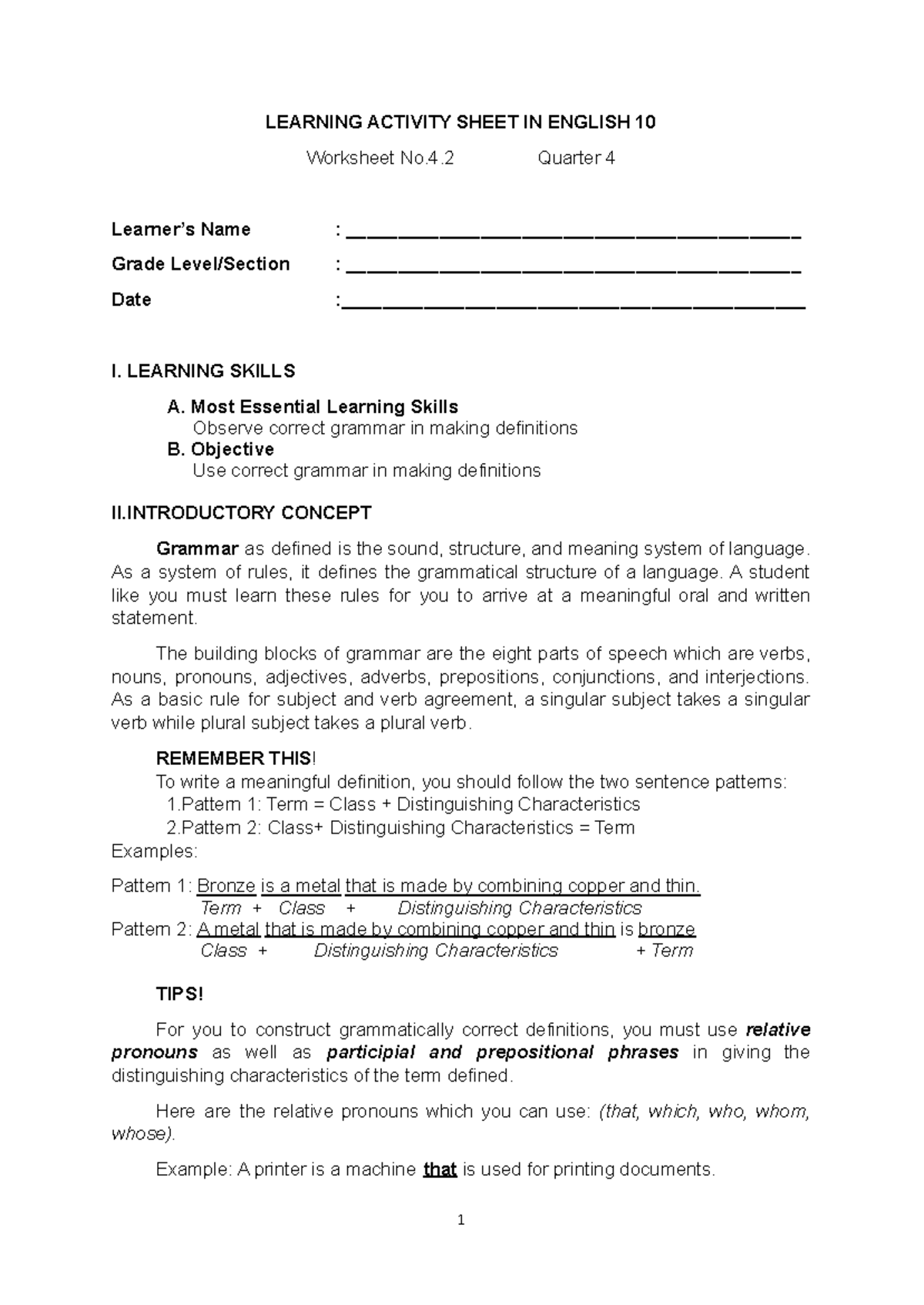 ENG10-Q4-LAS4 - noted - LEARNING ACTIVITY SHEET IN ENGLISH 10 Worksheet ...