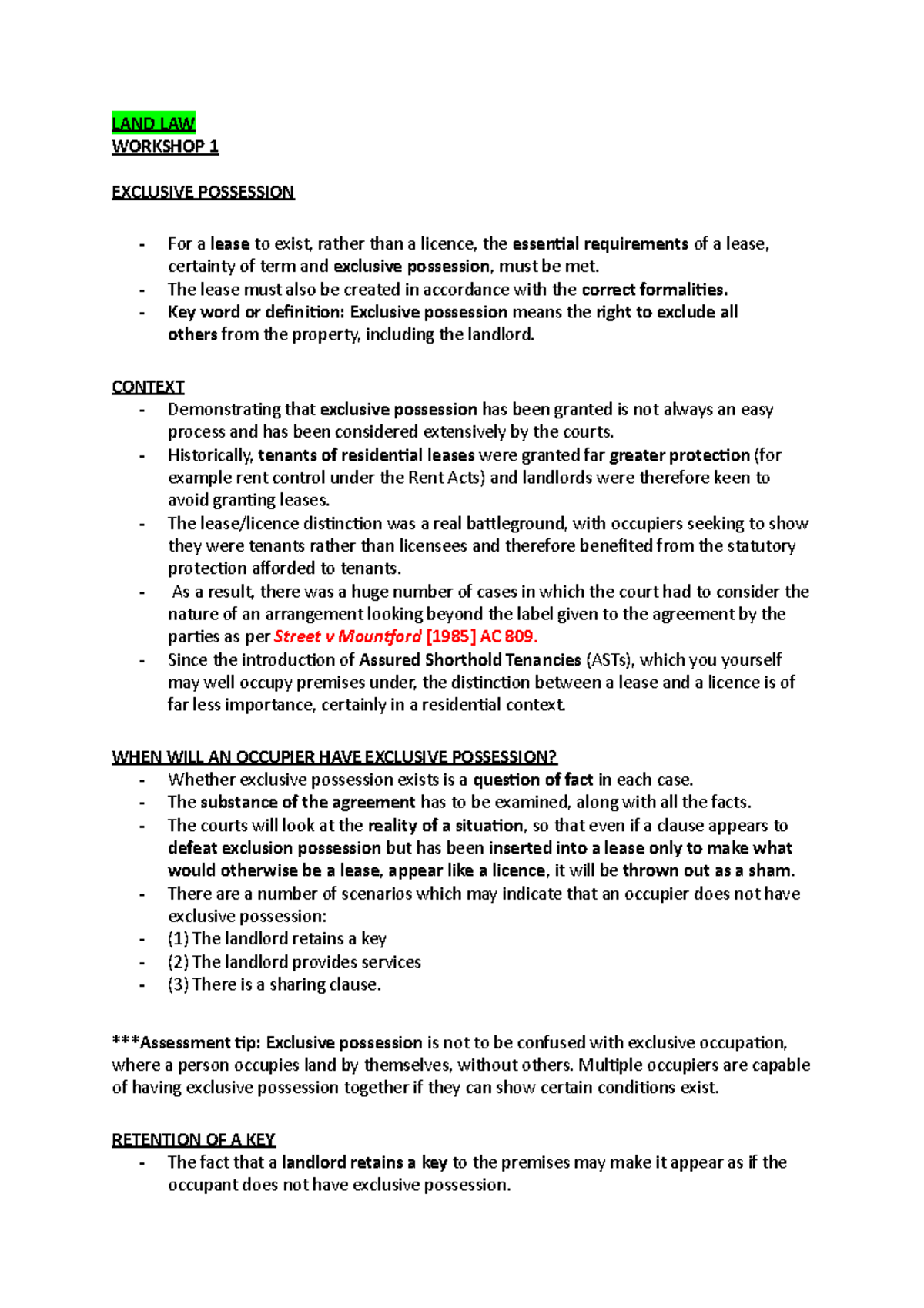 Land Law Workshop 1: Understanding Exclusive Possession in Leases - Studocu
