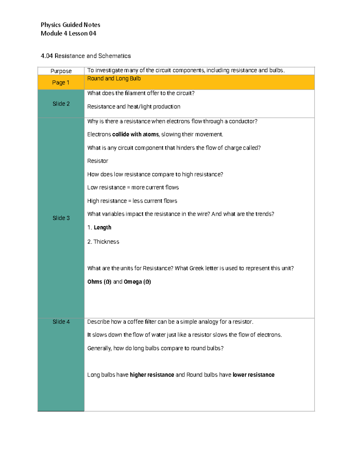 Physics Guided Notes GN-4: Lesson 04 on Resistance & Circuits - Studocu