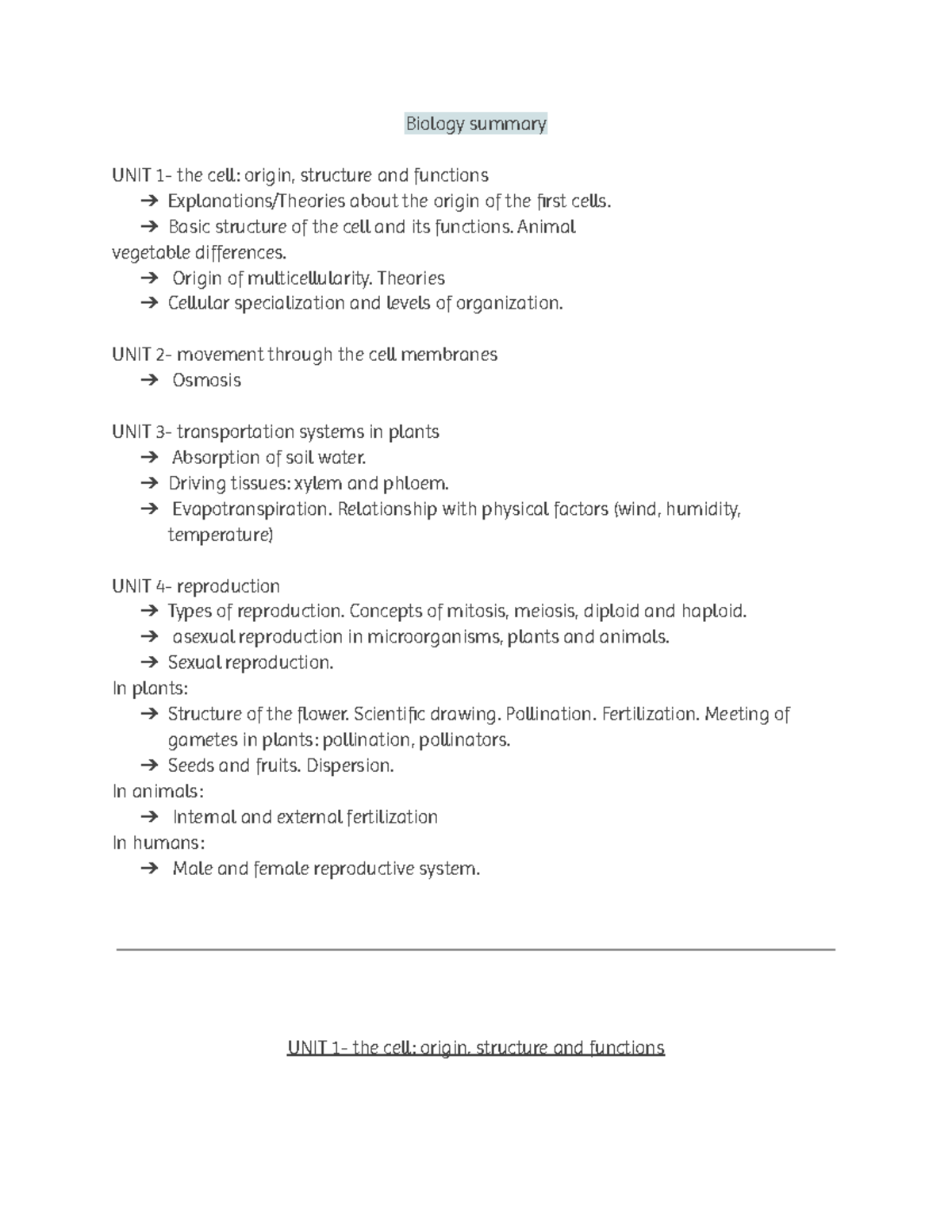 Biology Summary: UNIT - The Cell, Structure, Functions & Reproduction ...