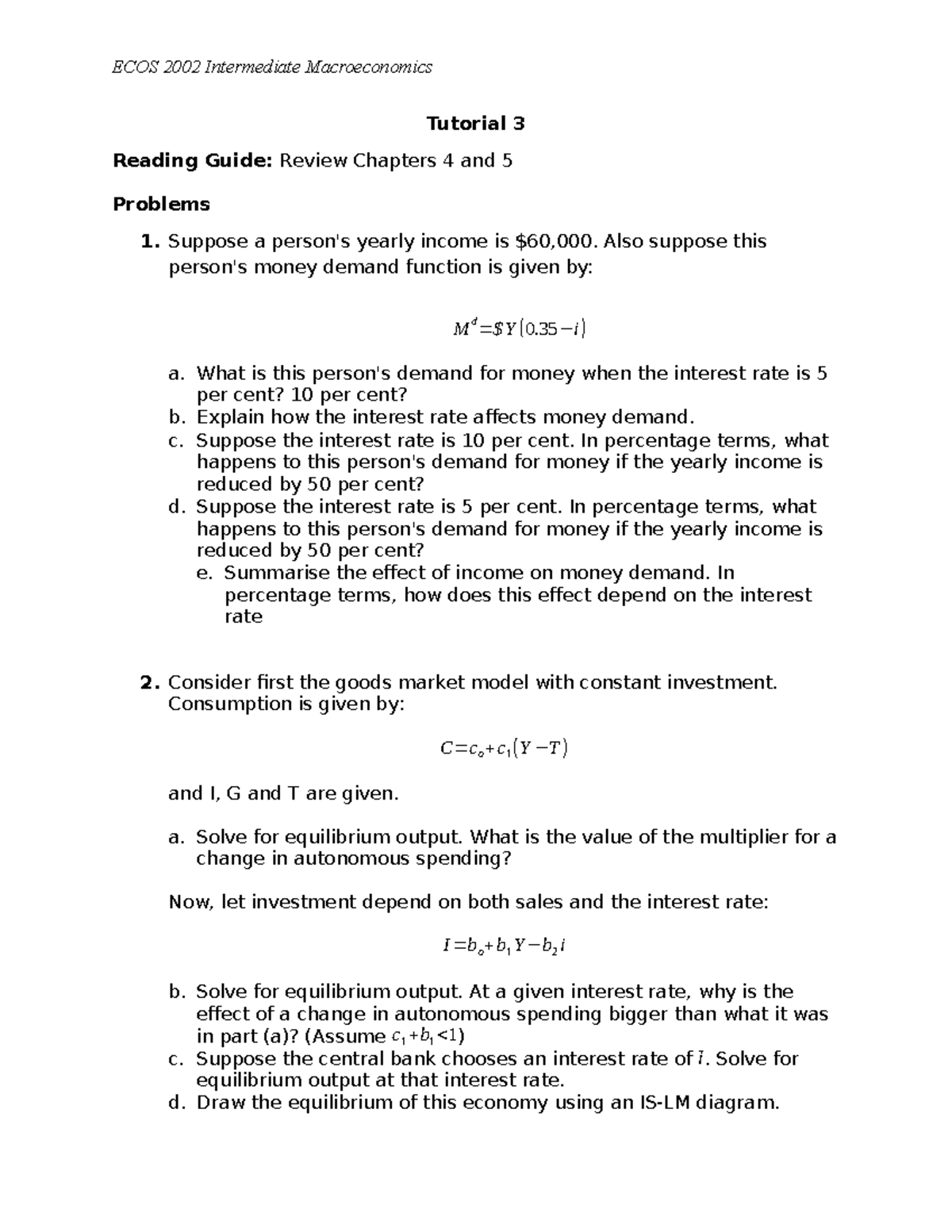 Ecos 2002 Intermediate macroeconomics tutorial 4 questions and reading ...