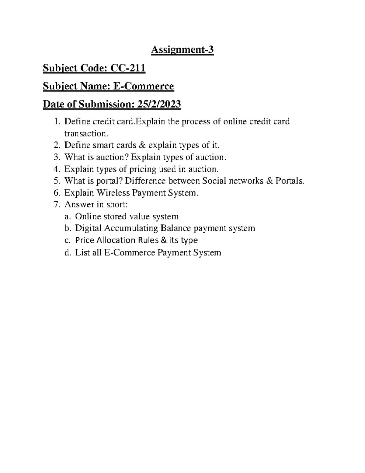 Assignment-3 - cfbvfcxb - Assignment- Subject Code: CC- Subject Name: E ...