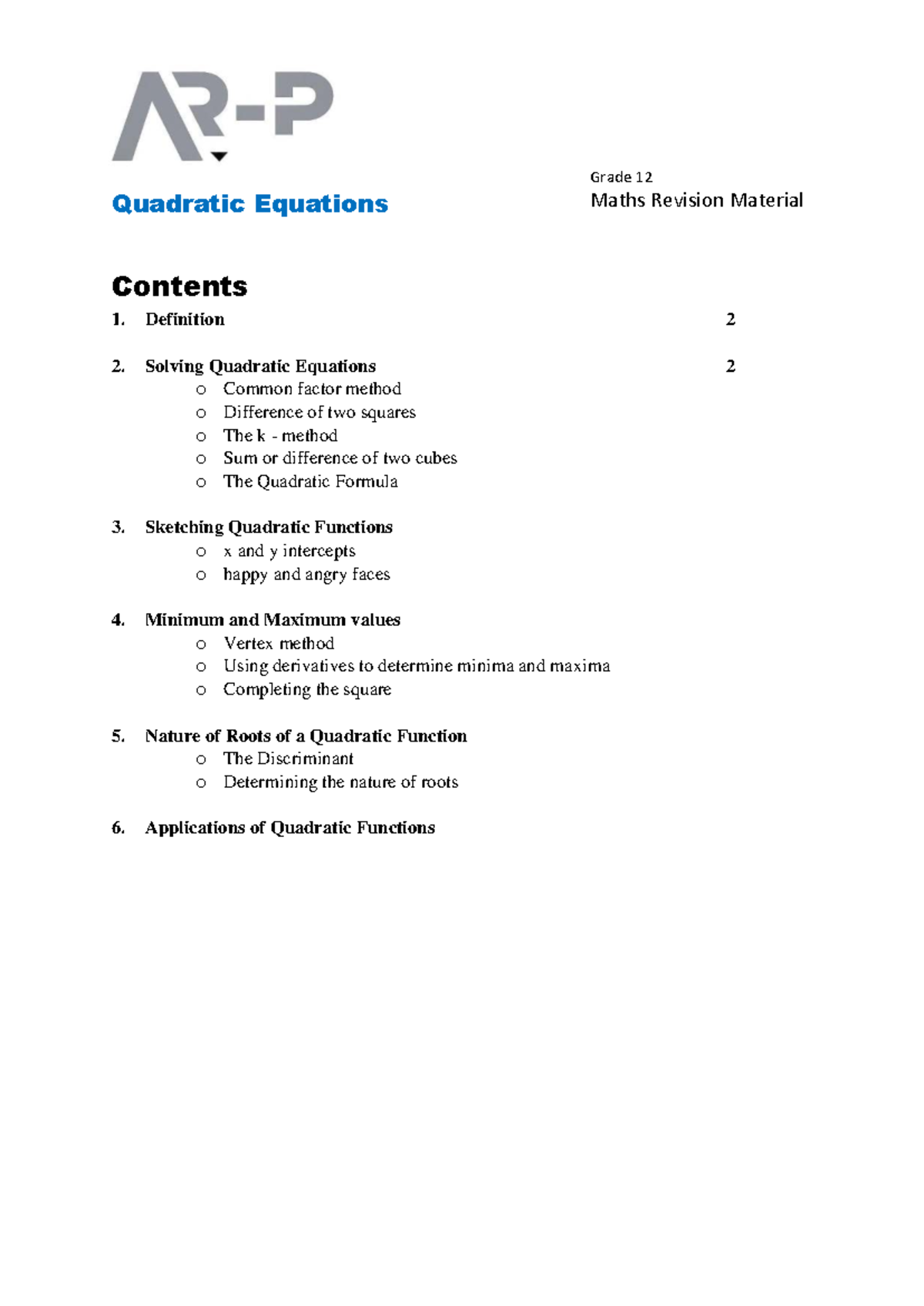 Grade 12 Maths: Quadratic Equations Revision Notes - Studocu