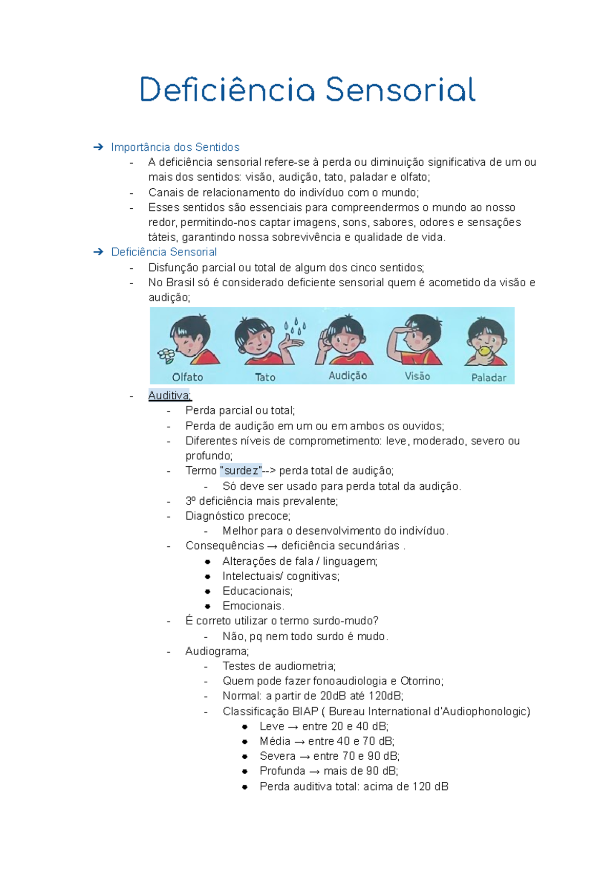 Aspectos e Orientações sobre Deficiência Sensorial em Saúde - Studocu