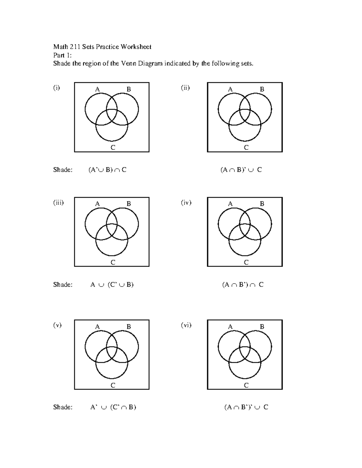 Math 211 Sets Practice Worksheet: Venn Diagram Exercises - Studocu