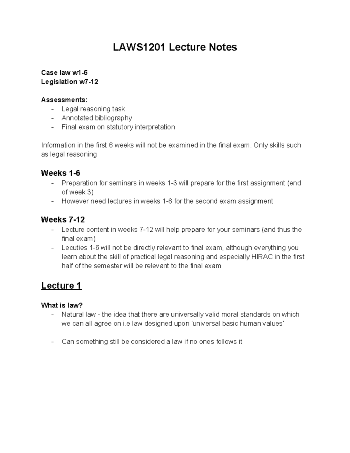 LAWS1201 Lecture Notes: Focus on Statutory Interpretation & Assessments ...