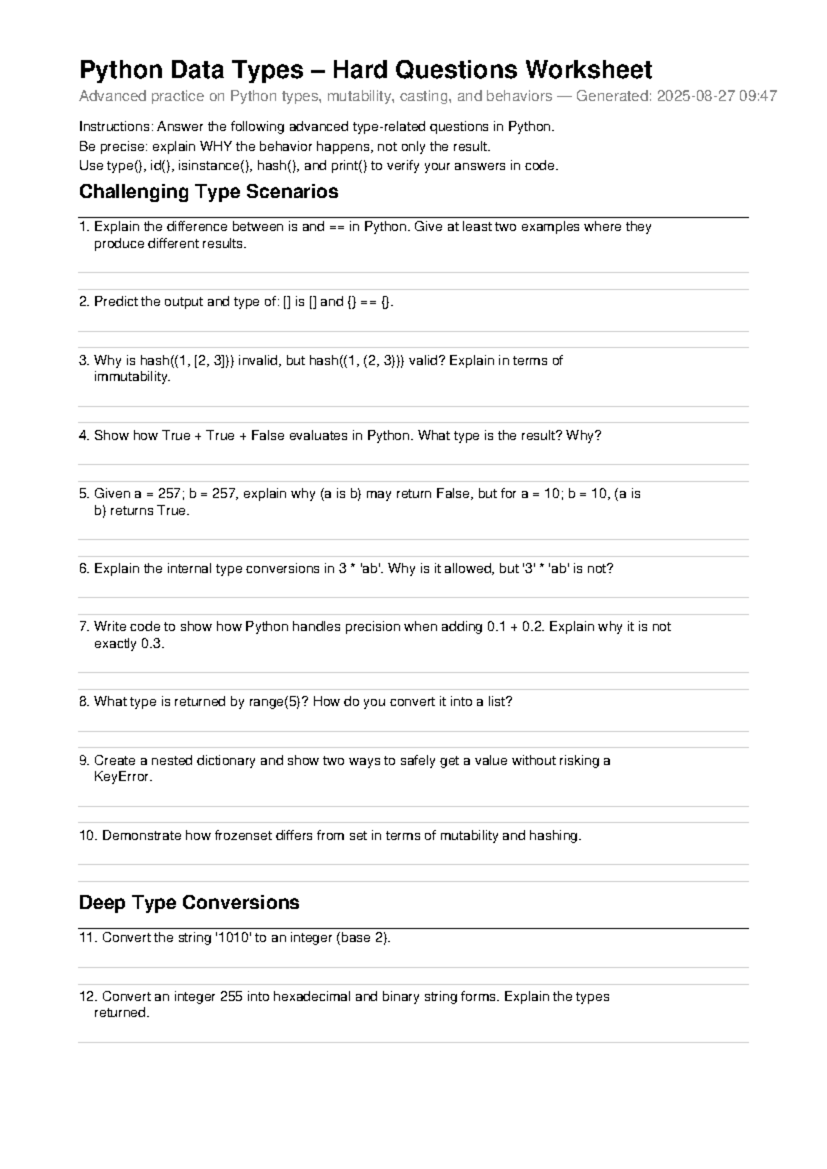 Python Data Types Advanced Worksheet: Types, Mutability & Casting - Studocu