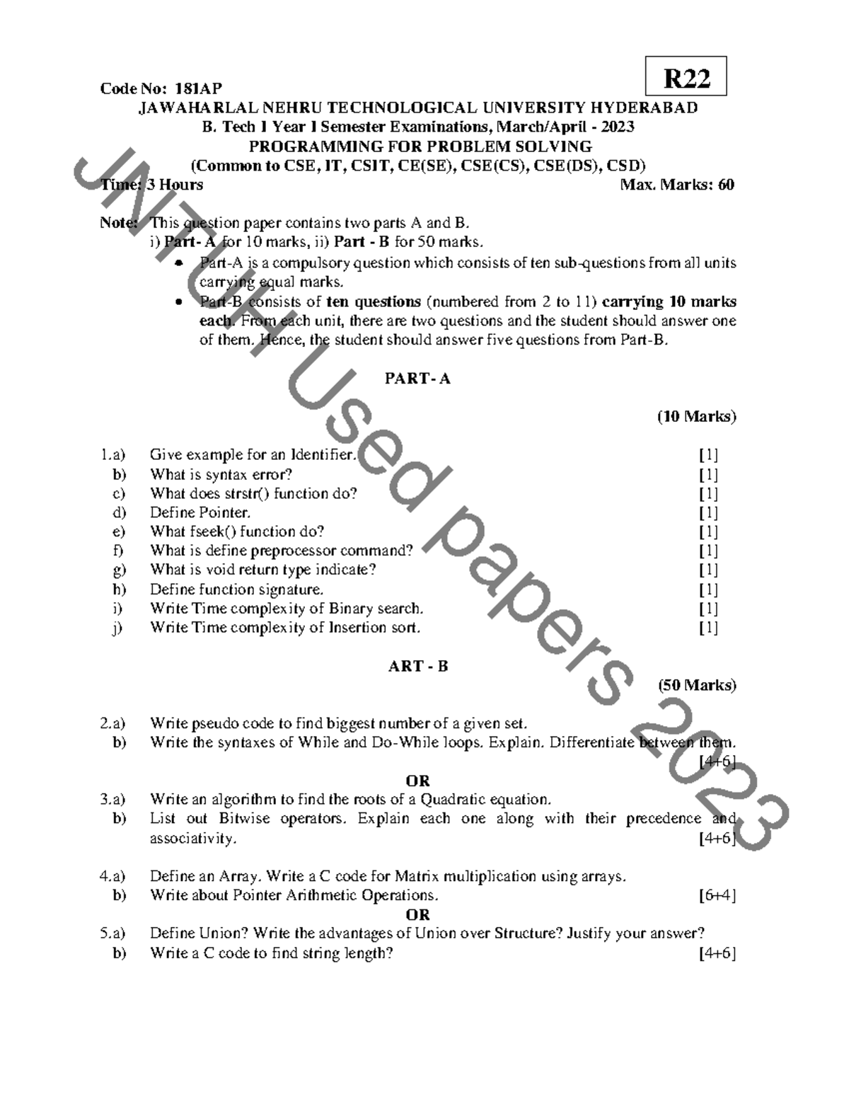 B.Tech I Year I Sem: Programming for Problem Solving Exam Paper (R22 ...