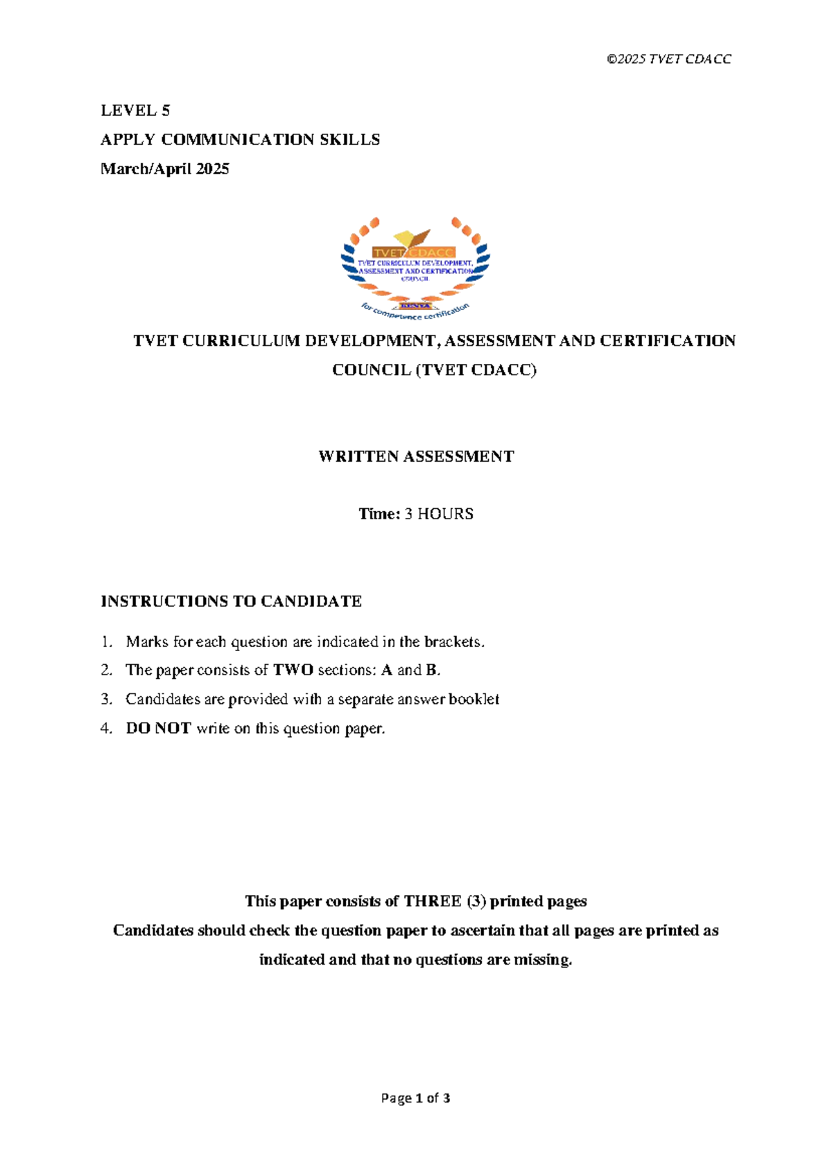 TVET CDACC Level 5 Written Assessment: Apply Communication Skills 2025 ...