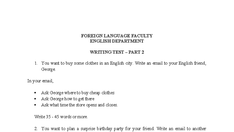 231- Anh 2 Writing Test Part 2: Email Exercises and Guidelines - Studocu