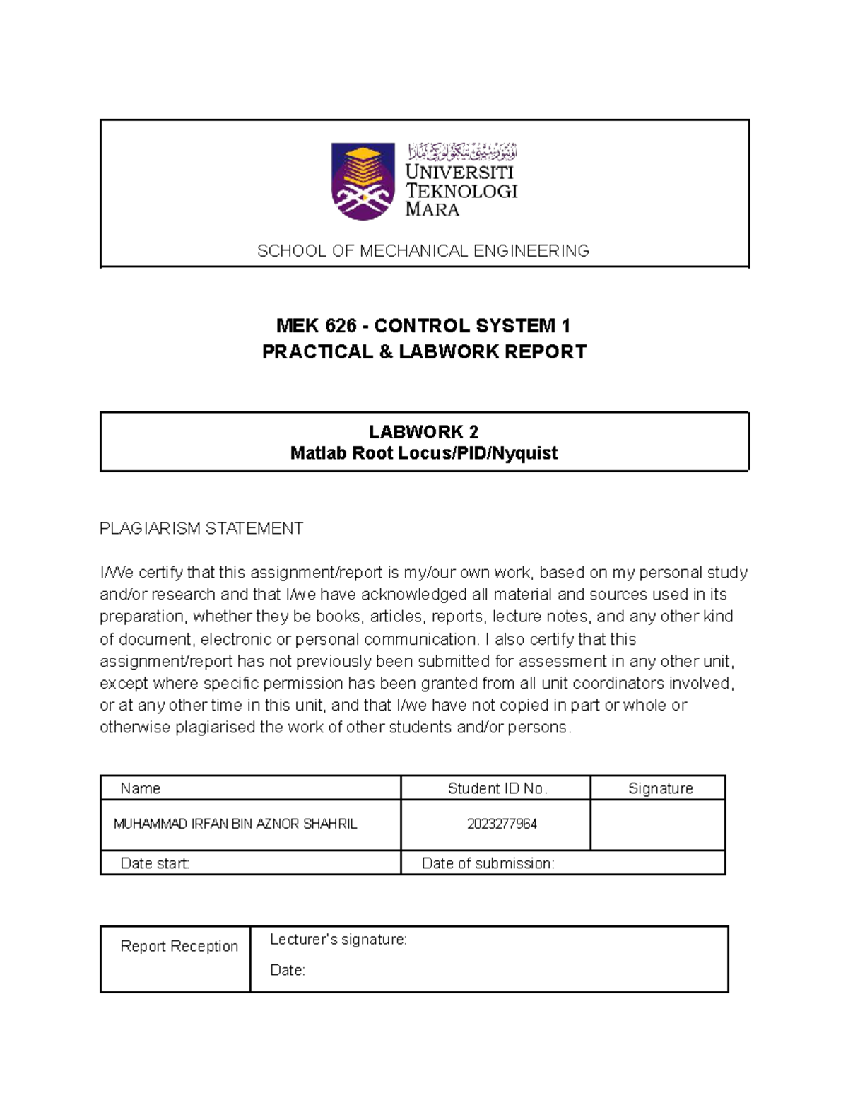 MEK 626 Control System 1 Lab Report: MATLAB Root Locus Analysis - Studocu