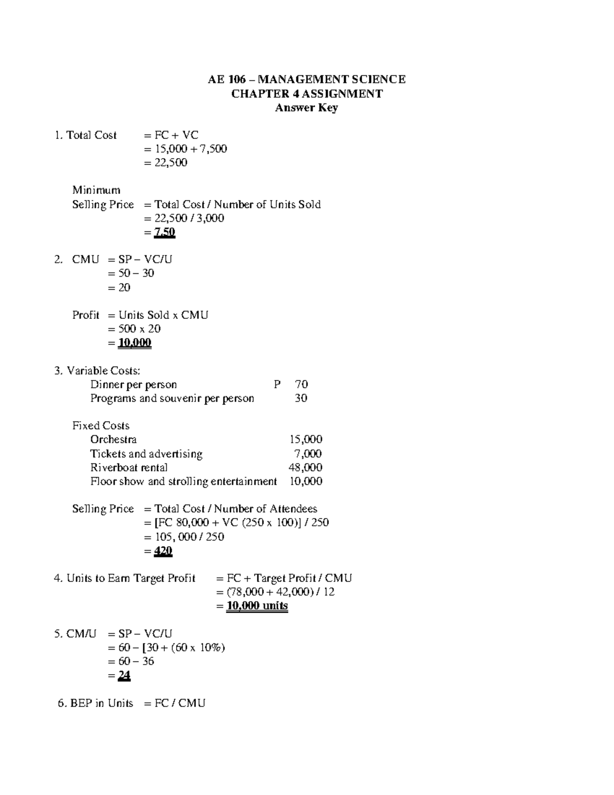 AE 106 Assignment Chapter 4 Answer Key - AE 106 – MANAGEMENT SCIENCE ...