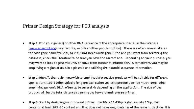 PCR Primer Design Strategy: Steps for Effective Amplification - Studocu